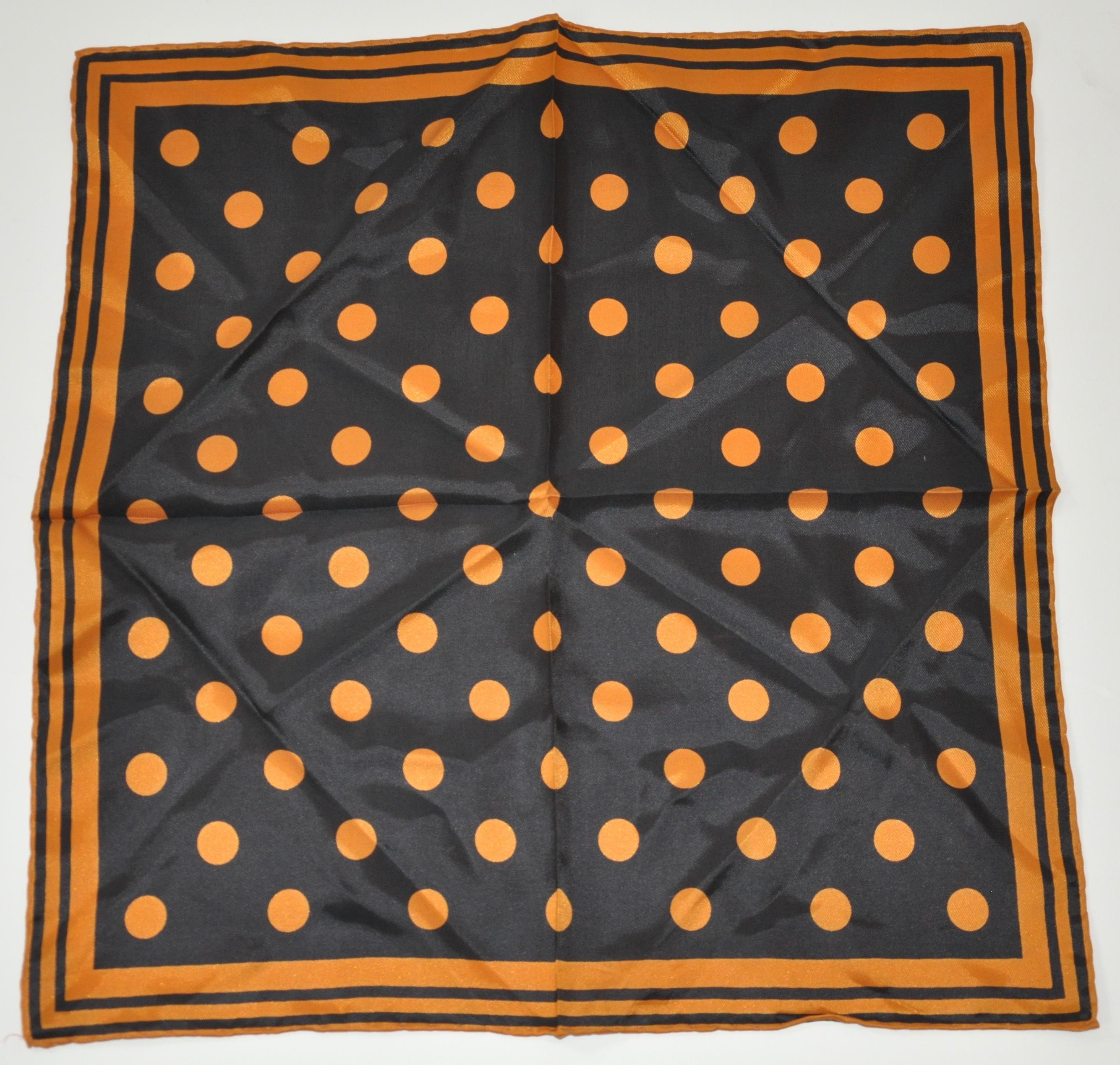     Wonderfully elegant with golden bronze and midnight black polka dot handkerchief finished with hand-rolled edges silk handkerchief, measures 18 inches by 18 inches. Made in Italy.