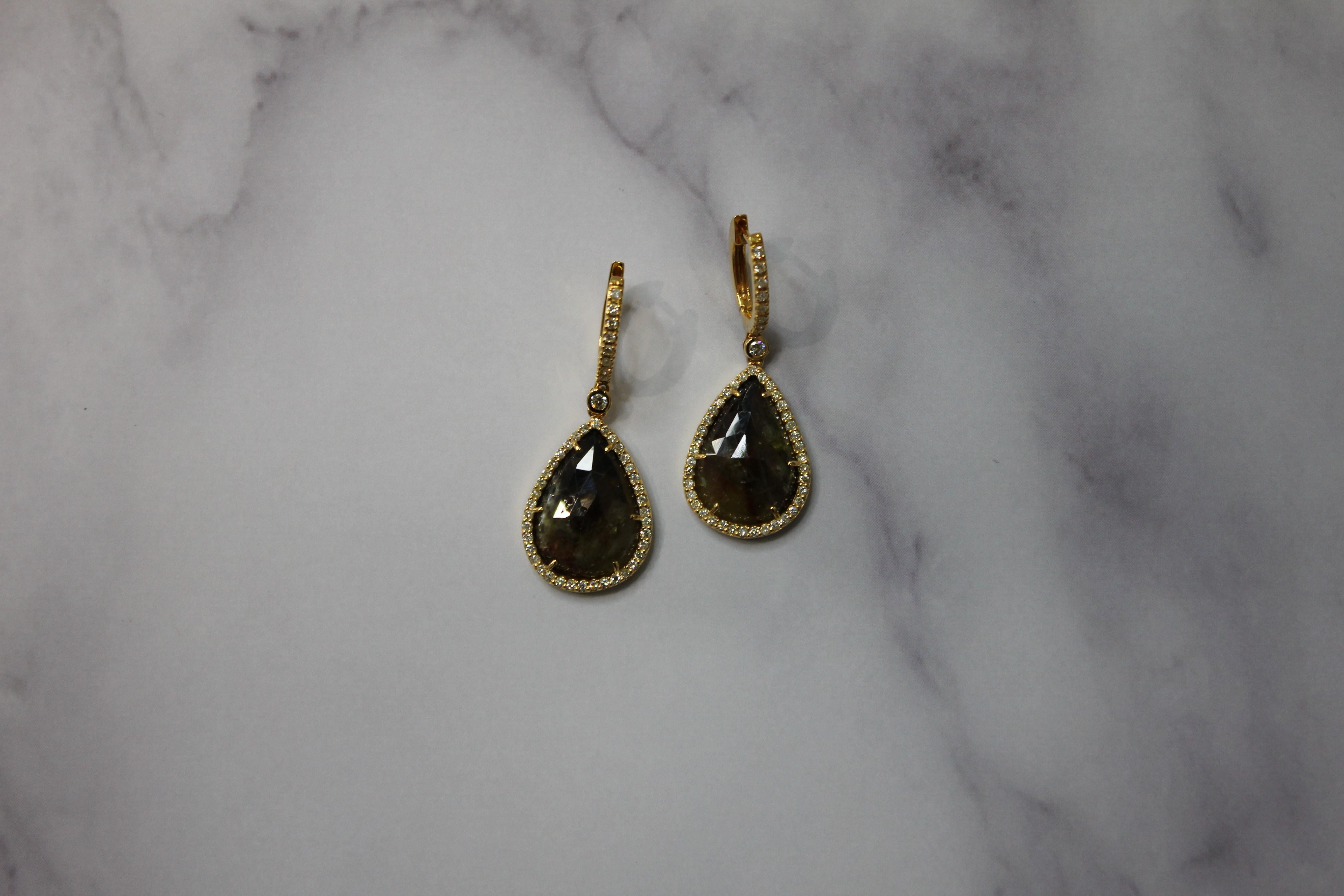 Golden Brown Black Sapphire Pear Drop Shape Sapphire Diamond Halo Gold Earrings For Sale 3