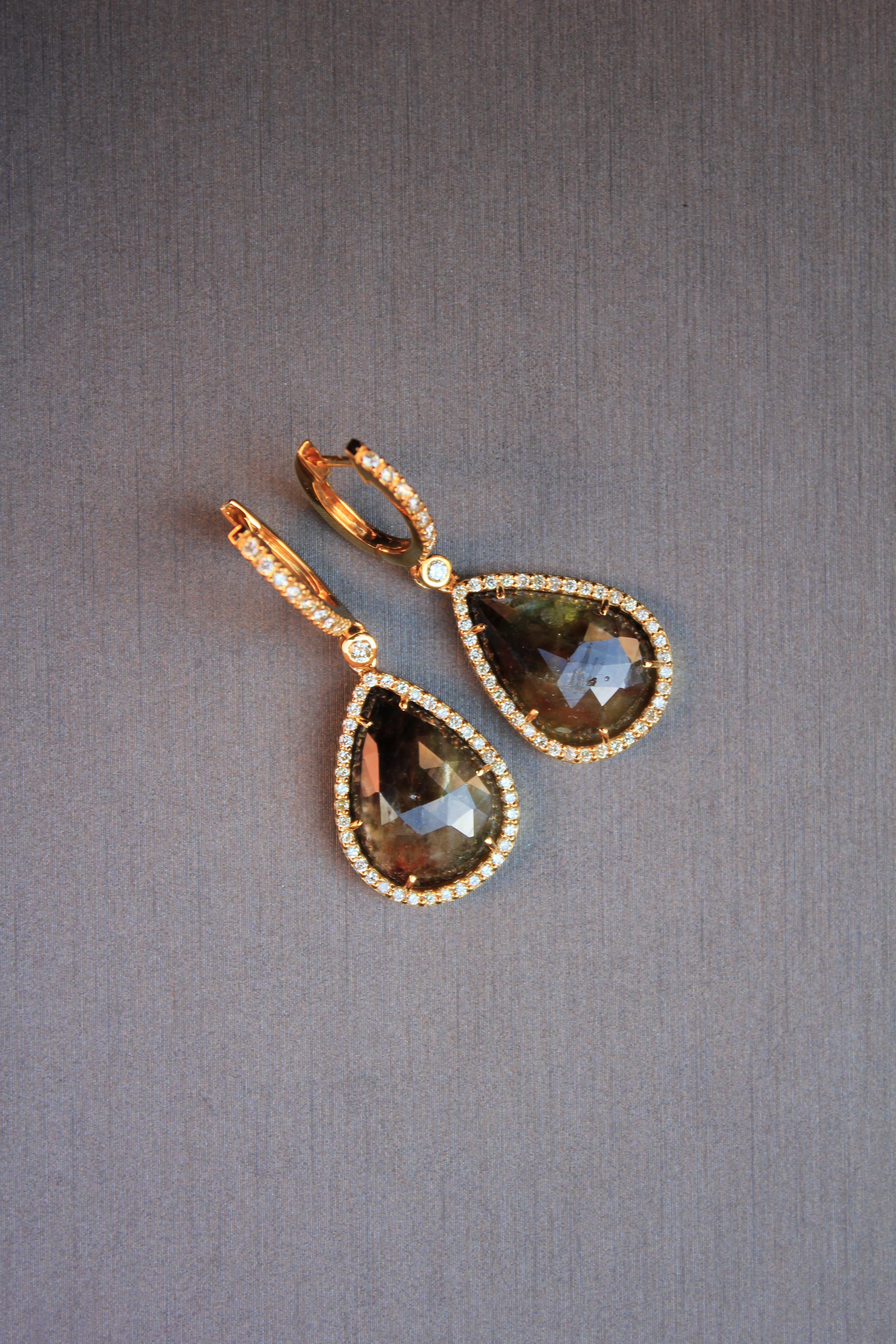 Golden Brown Black Sapphire Pear Drop Shape Sapphire Diamond Halo Gold Earrings For Sale 4