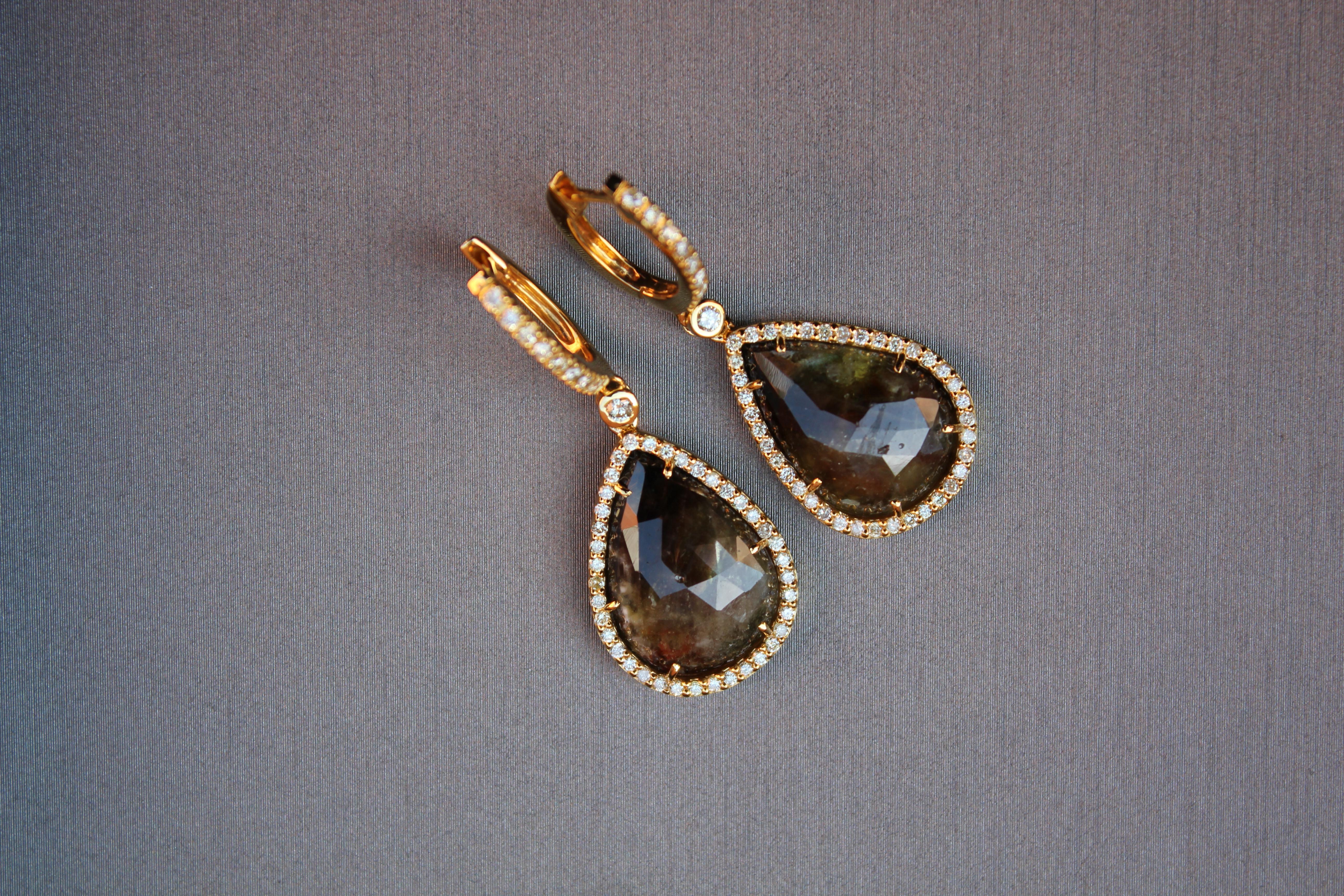 Art Deco Golden Brown Black Sapphire Pear Drop Shape Sapphire Diamond Halo Gold Earrings For Sale