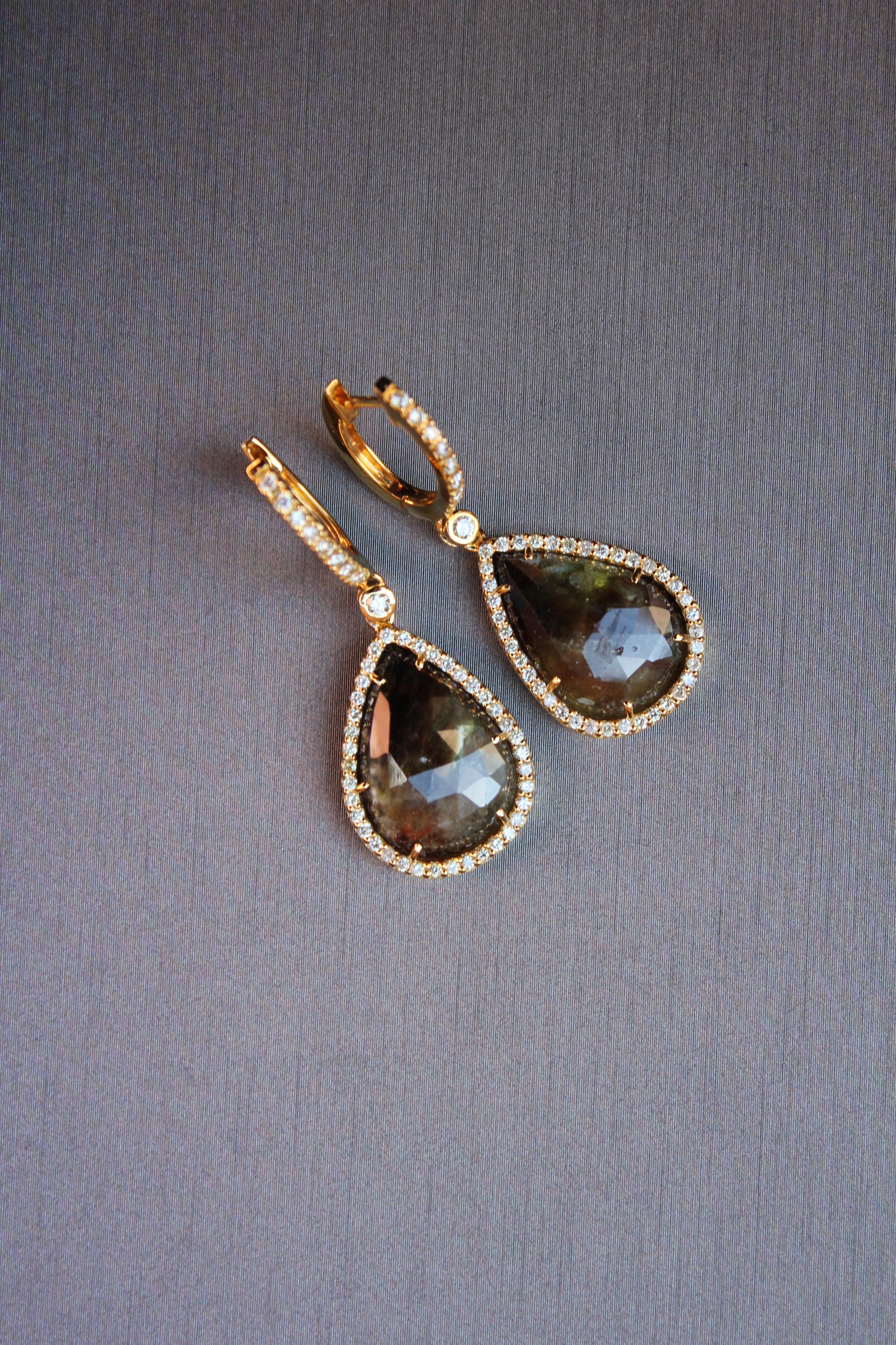 Pear Cut Golden Brown Black Sapphire Pear Drop Shape Sapphire Diamond Halo Gold Earrings For Sale