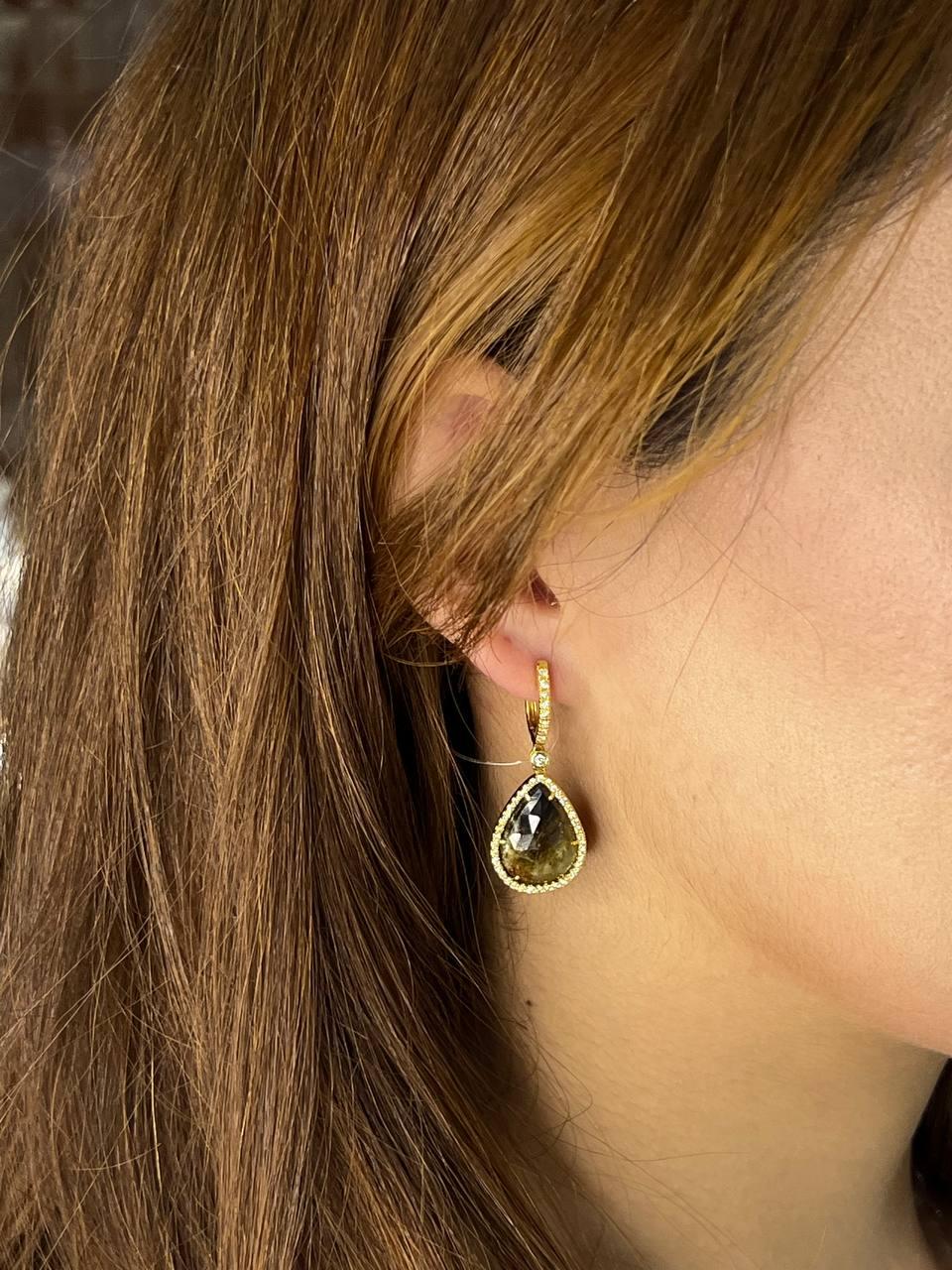 Women's Golden Brown Black Sapphire Pear Drop Shape Sapphire Diamond Halo Gold Earrings For Sale