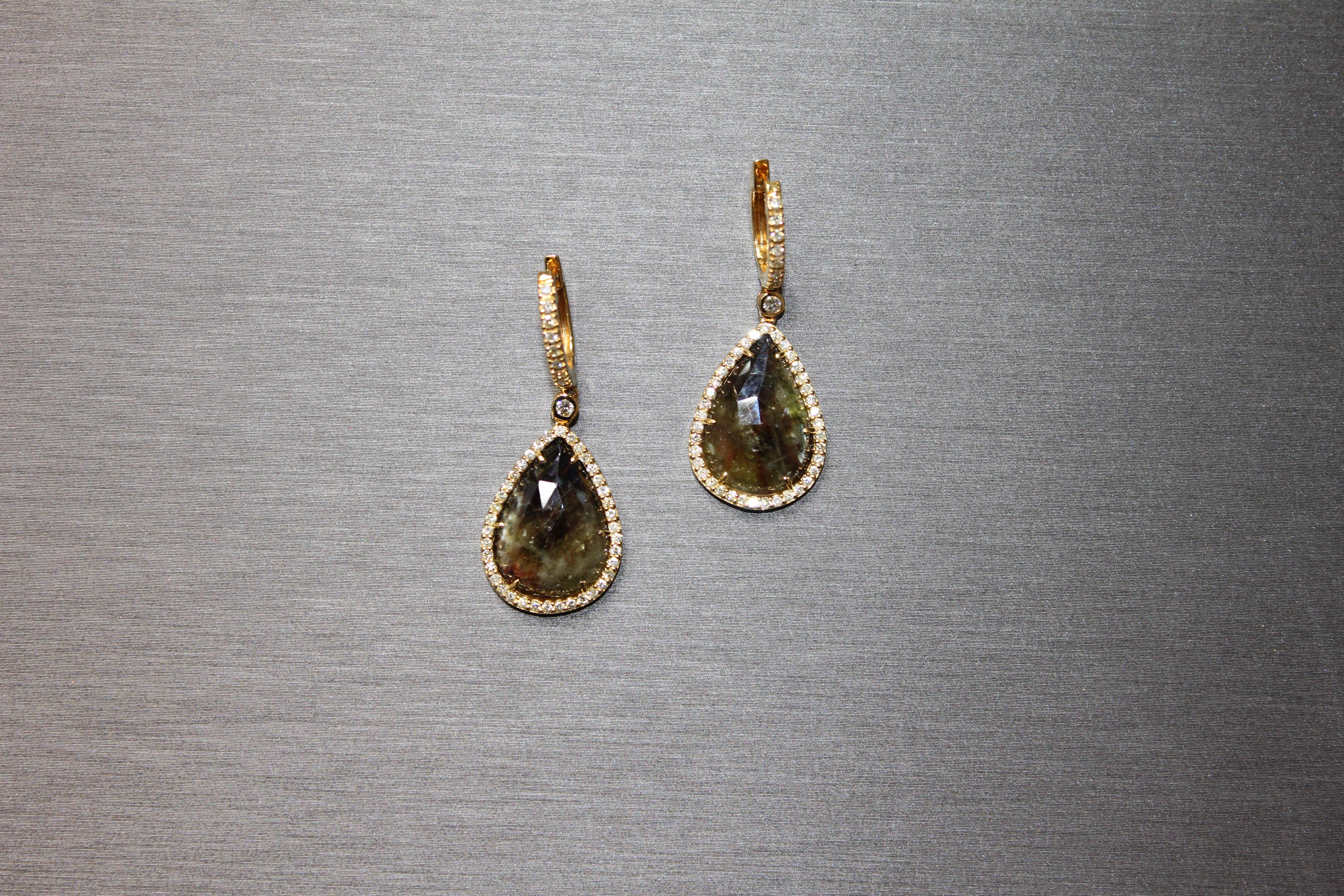 Golden Brown Black Sapphire Pear Drop Shape Sapphire Diamond Halo Gold Earrings For Sale 2