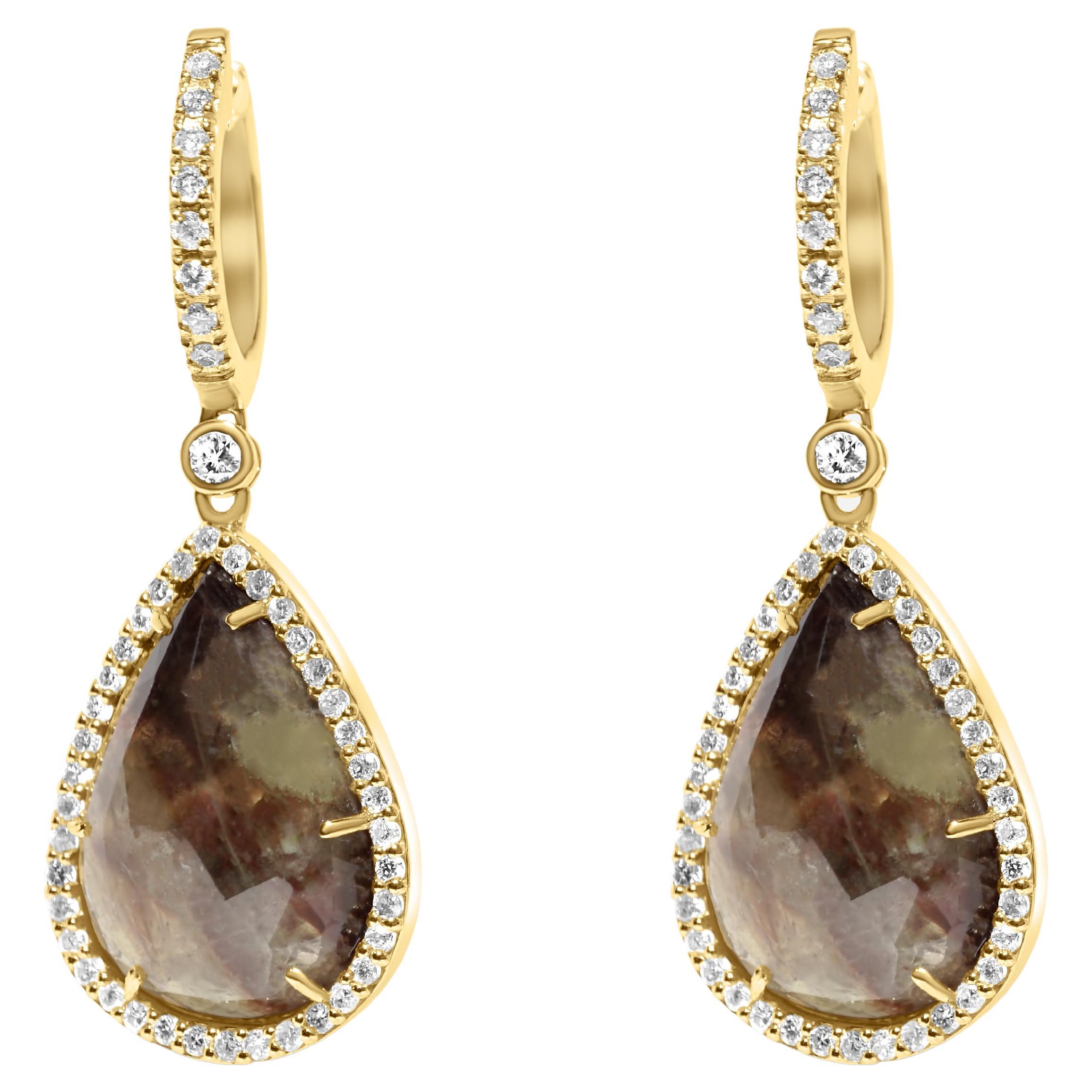 Golden Brown Black Sapphire Pear Drop Shape Sapphire Diamond Halo Gold Earrings For Sale