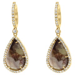 Golden Brown Black Sapphire Pear Drop Shape Sapphire Diamond Halo Gold Earrings