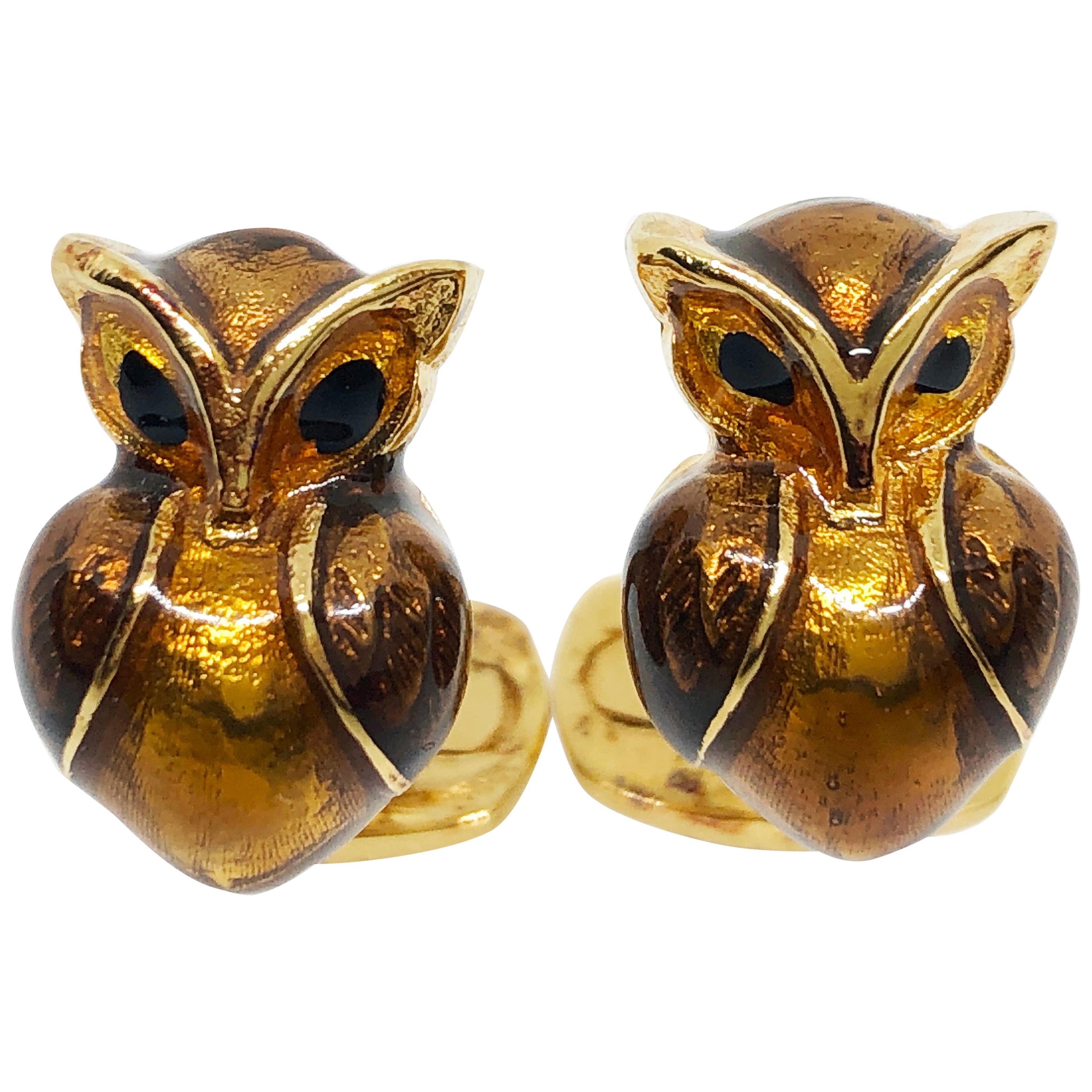 Berca Golden Brown Enameled Owl Shaped Sterling Silver Gold-Plated Cufflinks For Sale