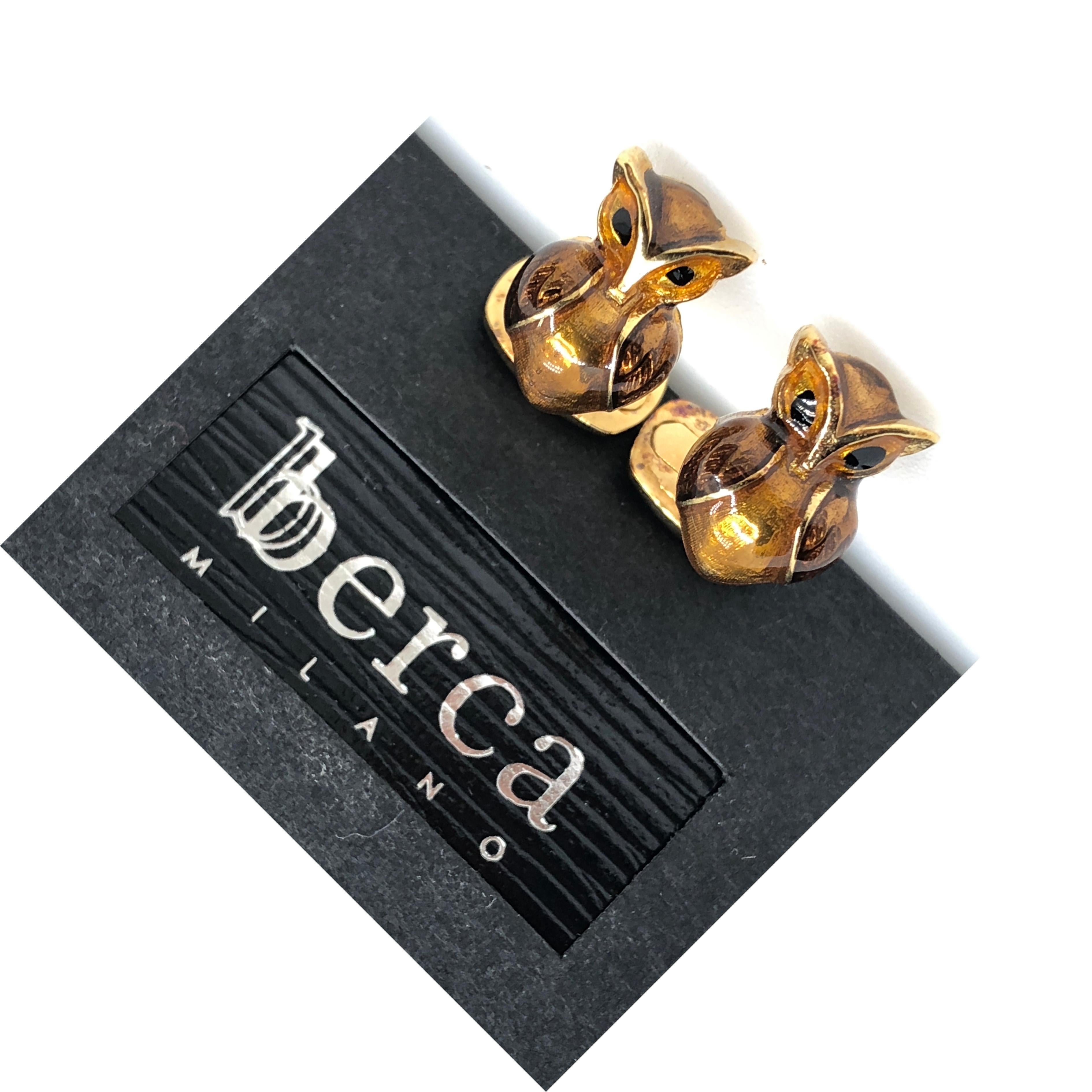 Gemelli Berca in argento 925 placcato oro a forma di gufo smaltato marrone dorato in vendita 3