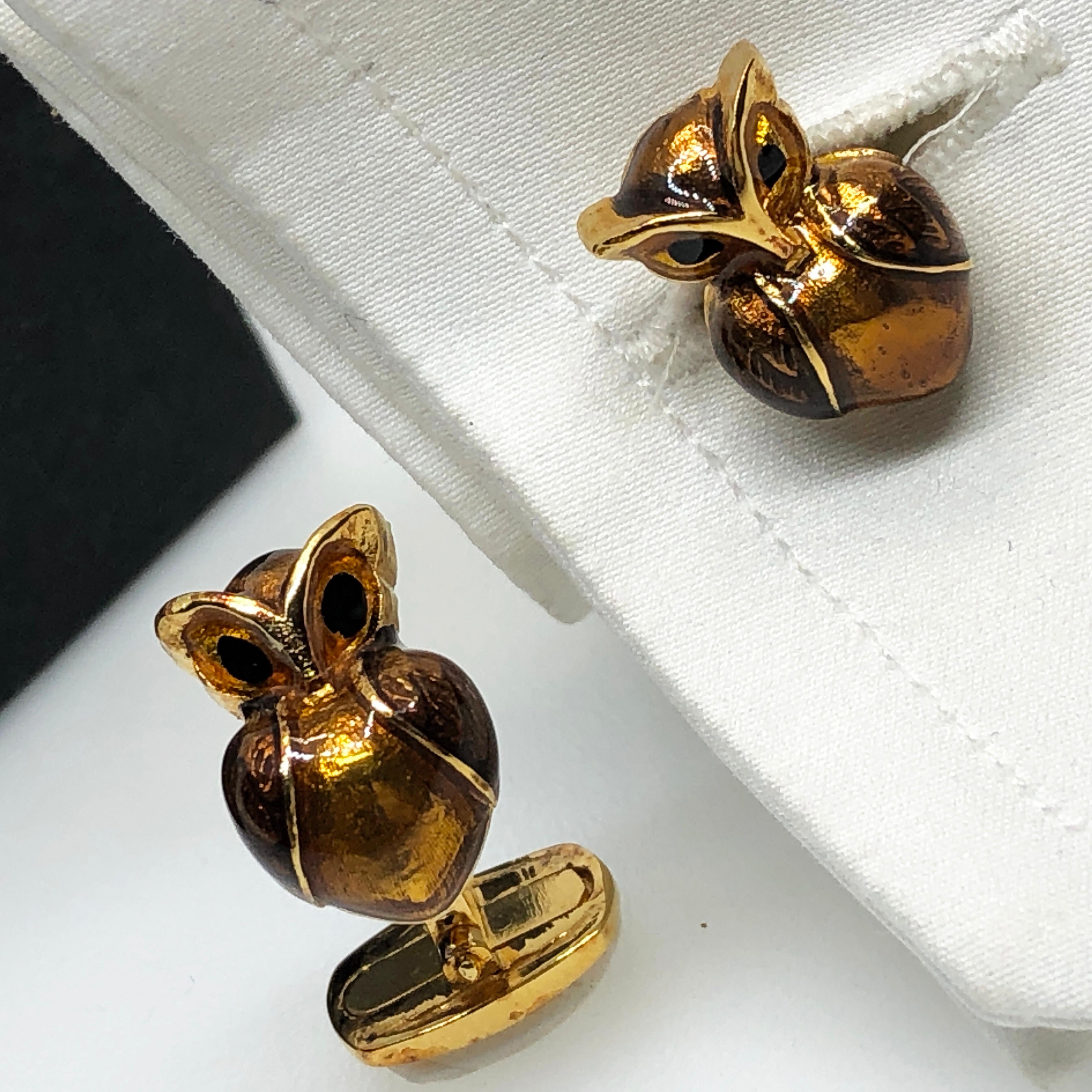 Berca Golden Brown Enameled Owl Shaped Sterling Silver Gold-Plated Cufflinks For Sale 7
