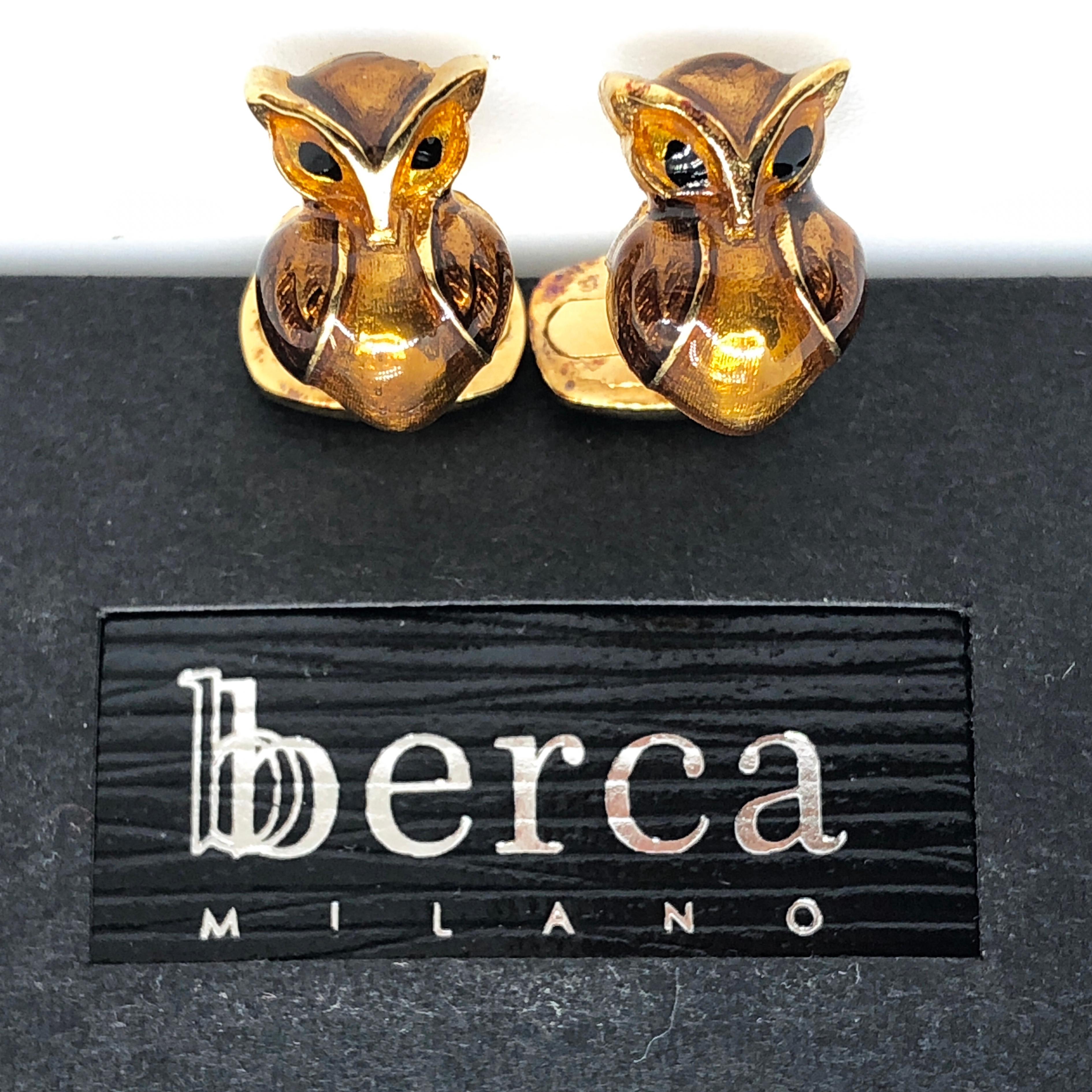 Berca Golden Brown Enameled Owl Shaped Sterling Silver Gold-Plated Cufflinks For Sale 8