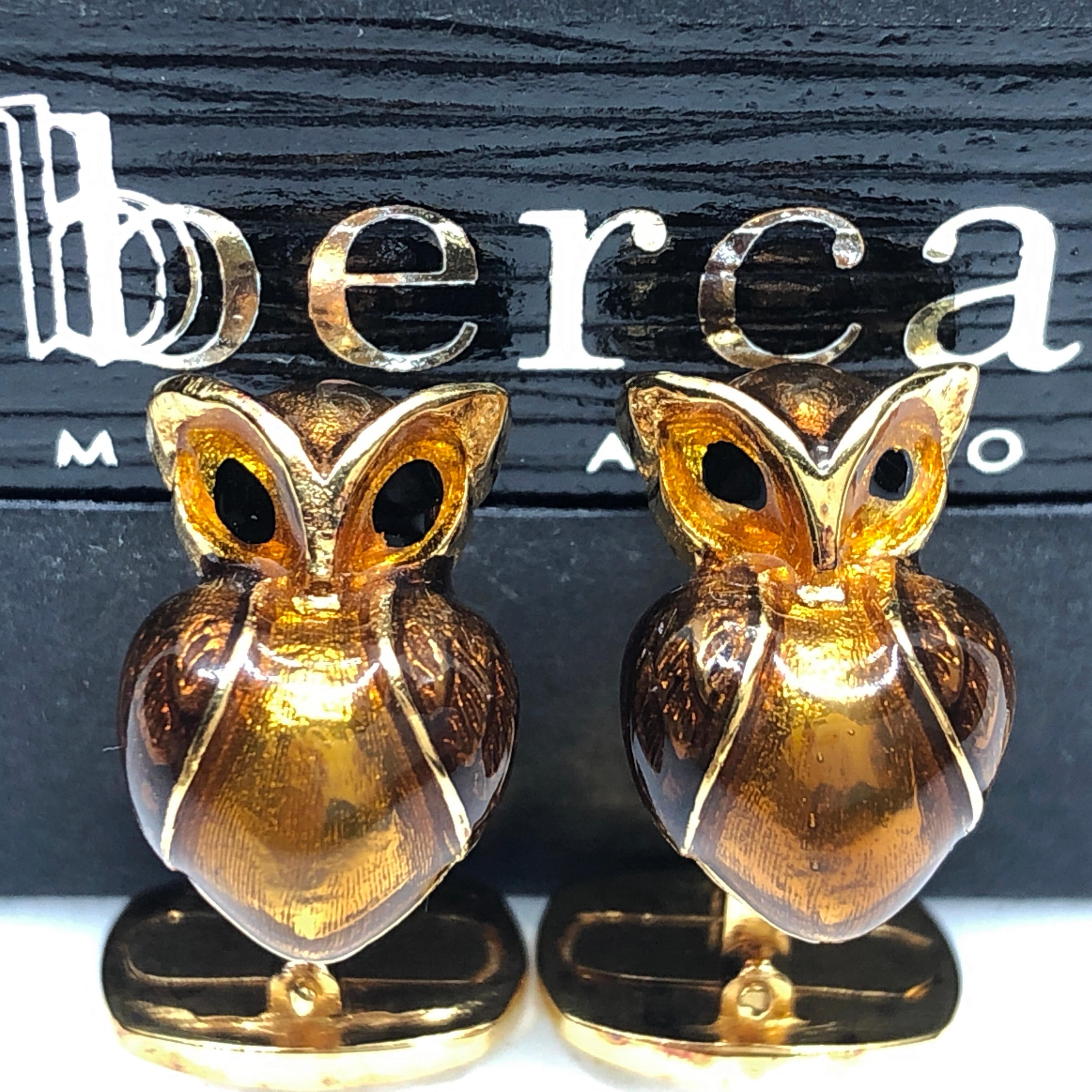 Contemporary Berca Golden Brown Enameled Owl Shaped Sterling Silver Gold-Plated Cufflinks For Sale