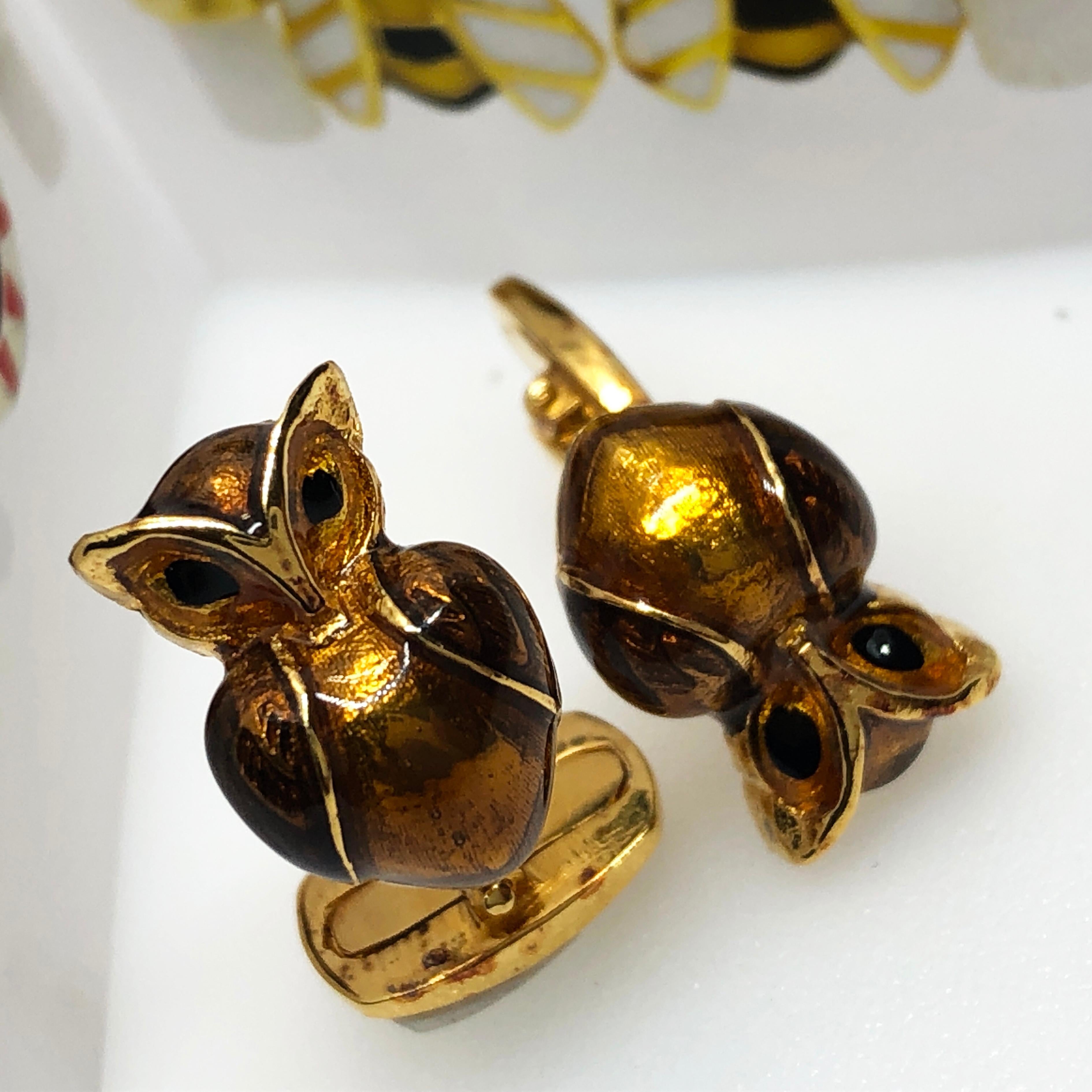 Berca Golden Brown Enameled Owl Shaped Sterling Silver Gold-Plated Cufflinks In New Condition For Sale In Valenza, IT