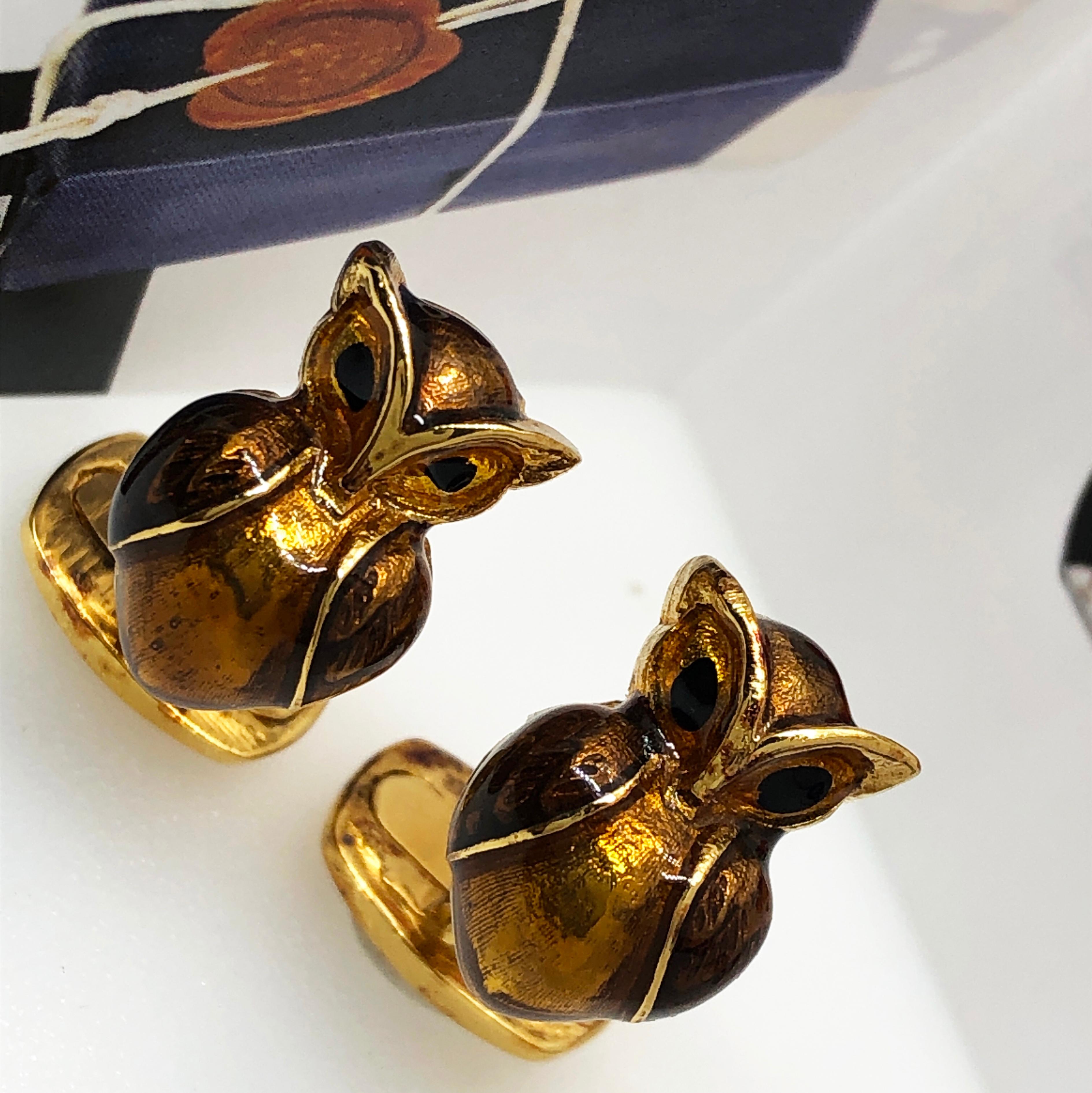 Men's Berca Golden Brown Enameled Owl Shaped Sterling Silver Gold-Plated Cufflinks For Sale