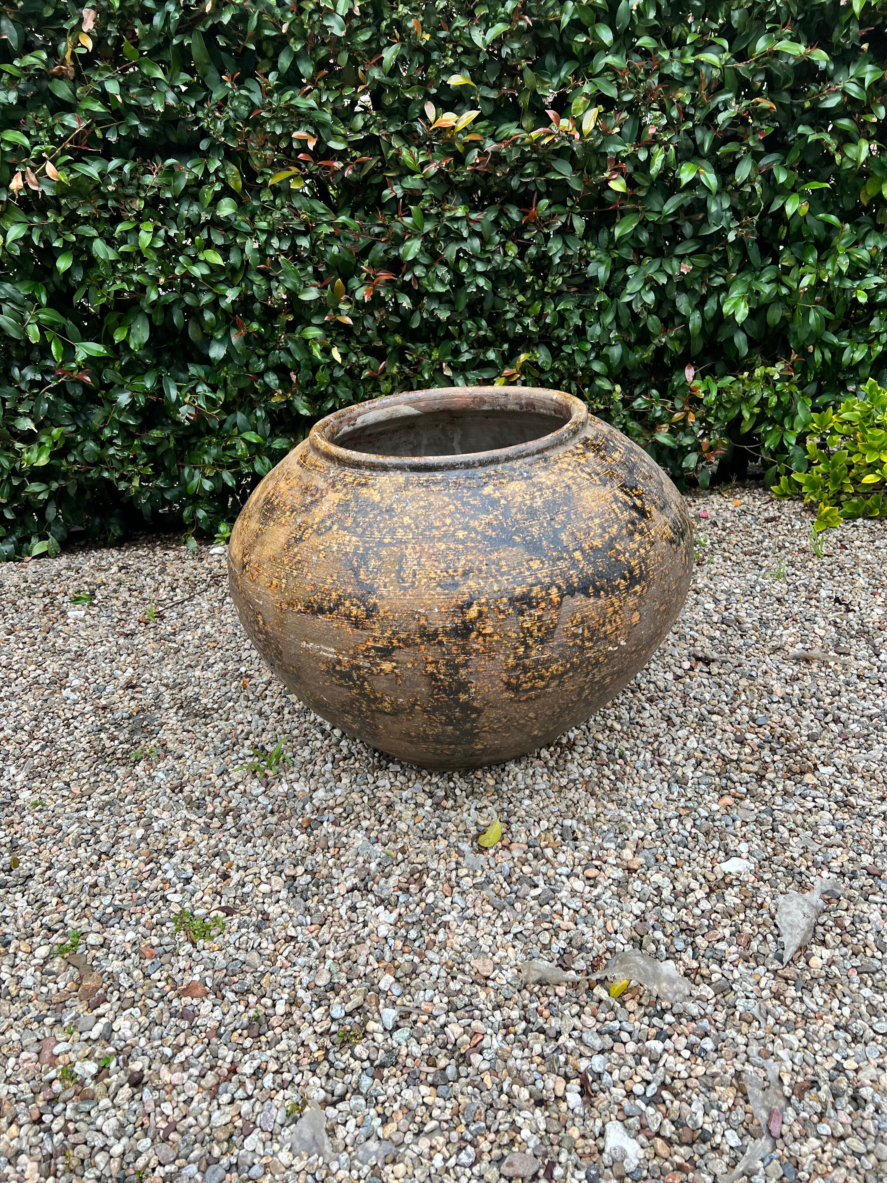 20th Century Golden Brown Patinated Glazed Terracotta Planter For Sale
