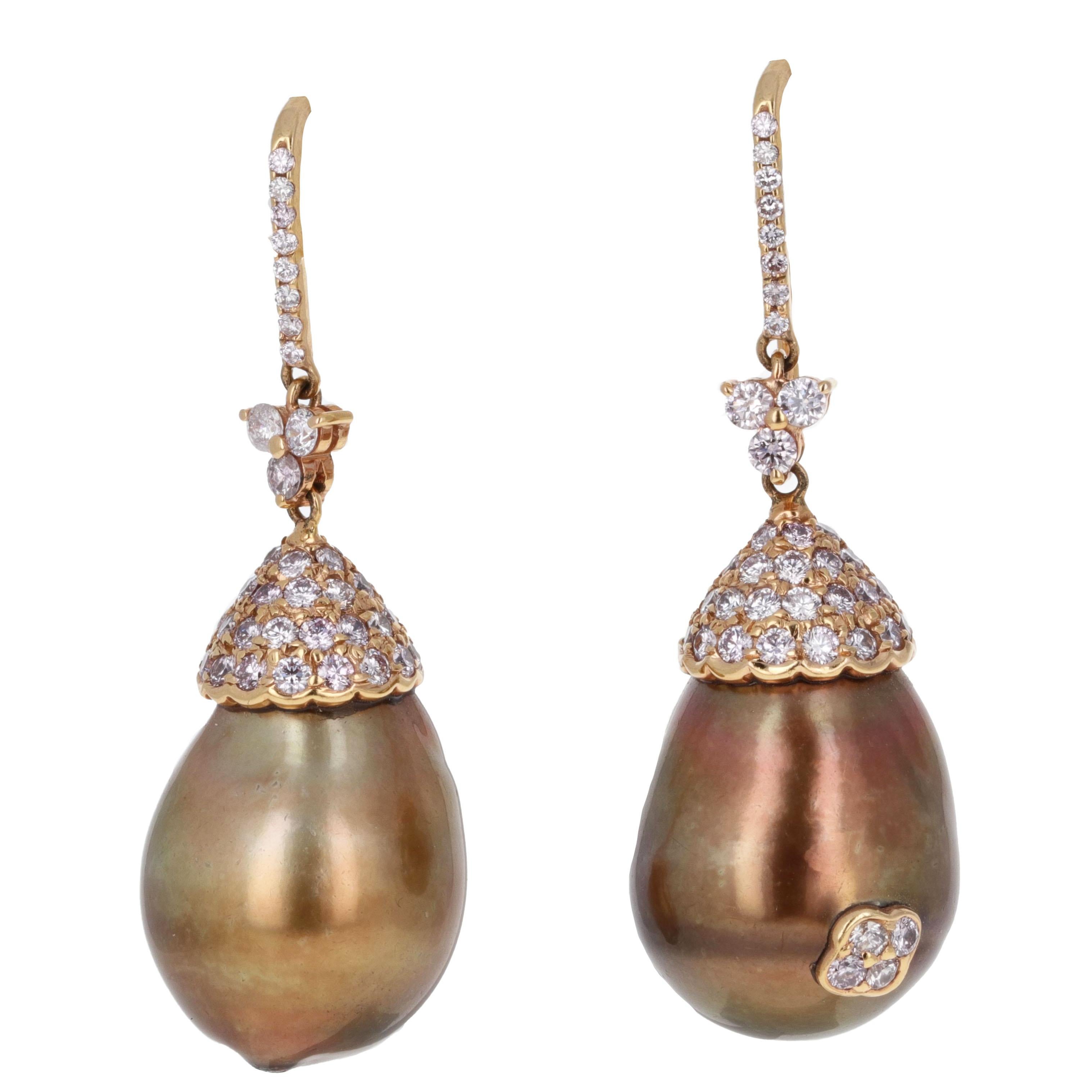 Contemporary Golden Brown Pearl and Pink Diamond Dangle Earrings For Sale