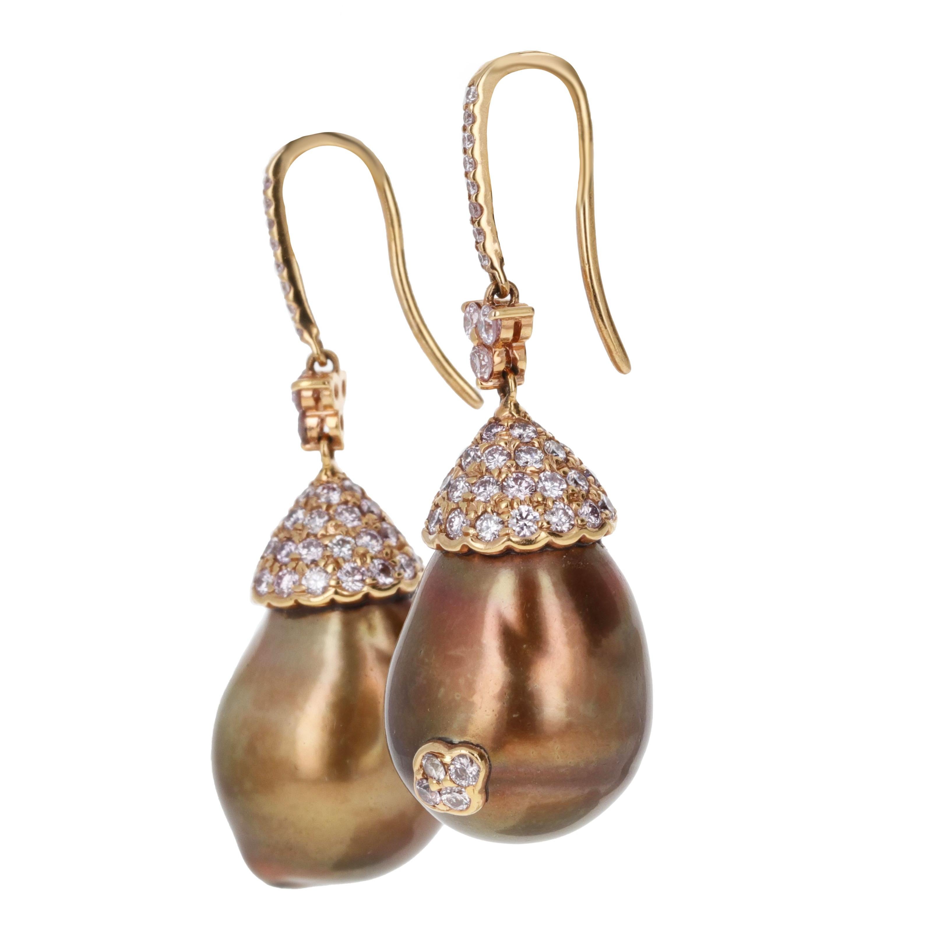 Bead Golden Brown Pearl and Pink Diamond Dangle Earrings For Sale