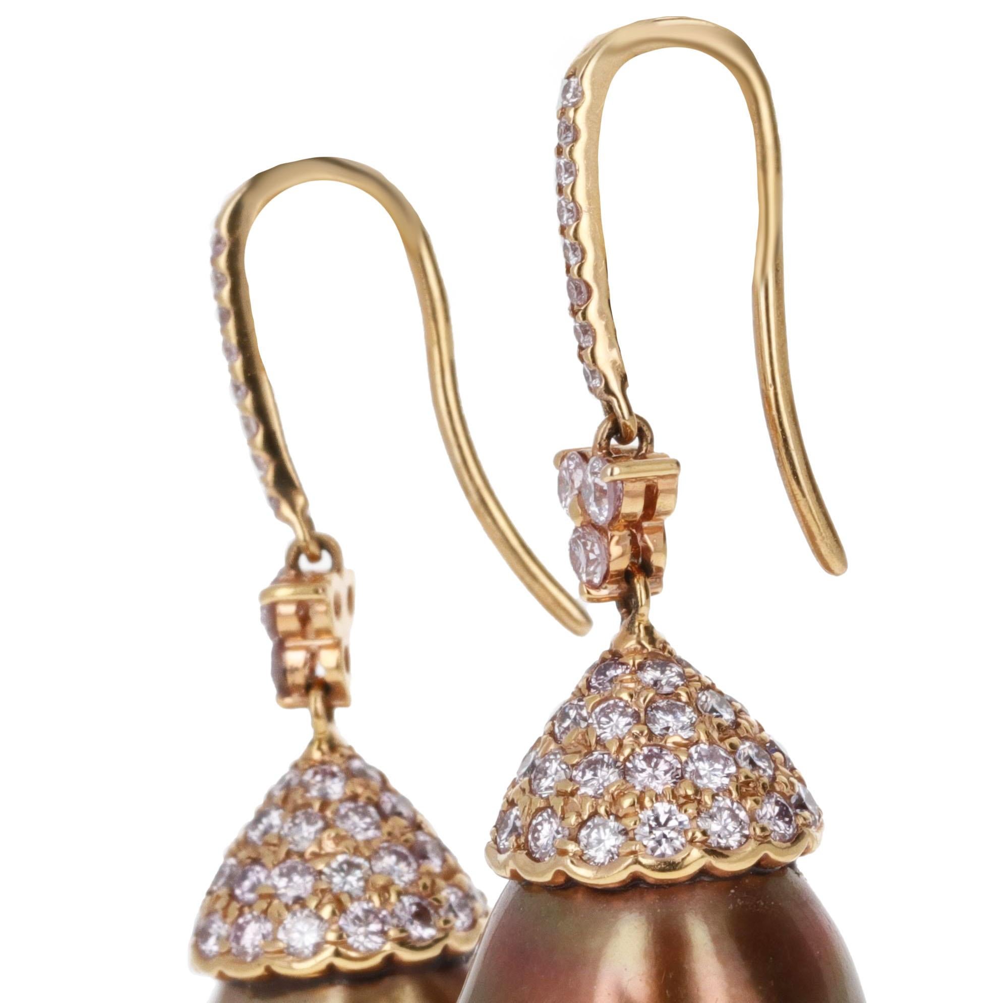Golden Brown Pearl and Pink Diamond Dangle Earrings In New Condition For Sale In Beverly Hills, CA