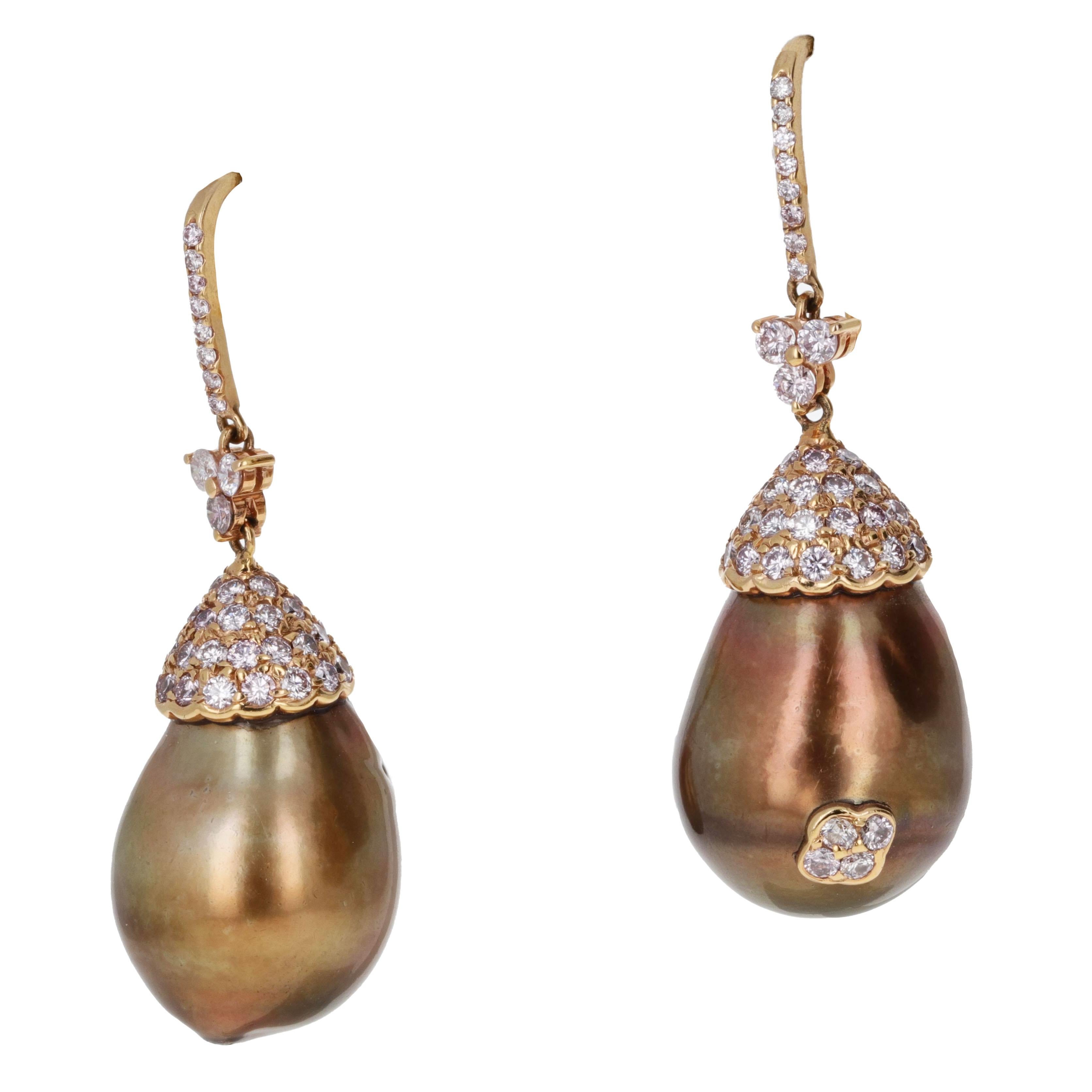 Golden Brown Pearl and Pink Diamond Dangle Earrings For Sale 1
