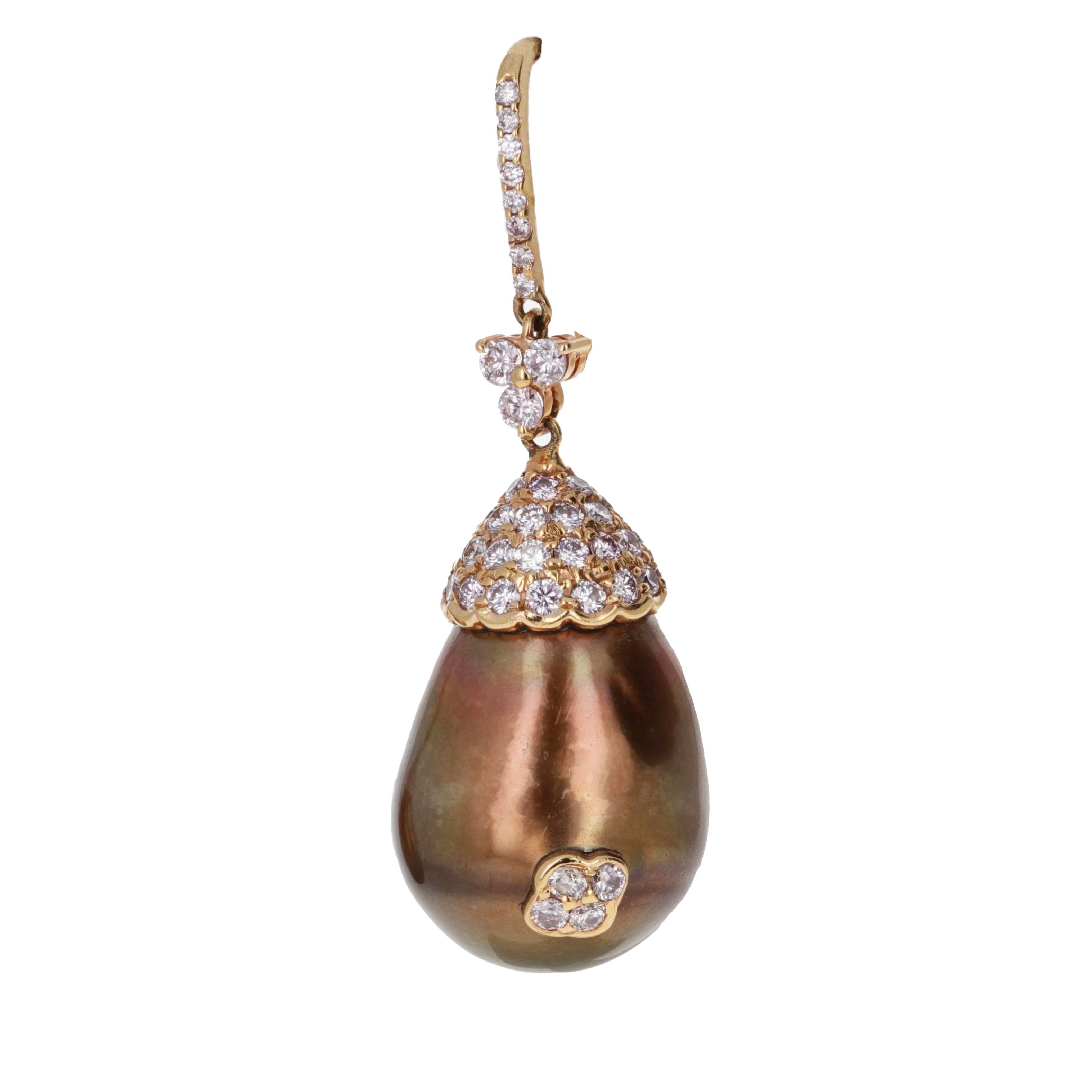 Golden Brown Pearl and Pink Diamond Dangle Earrings For Sale 2