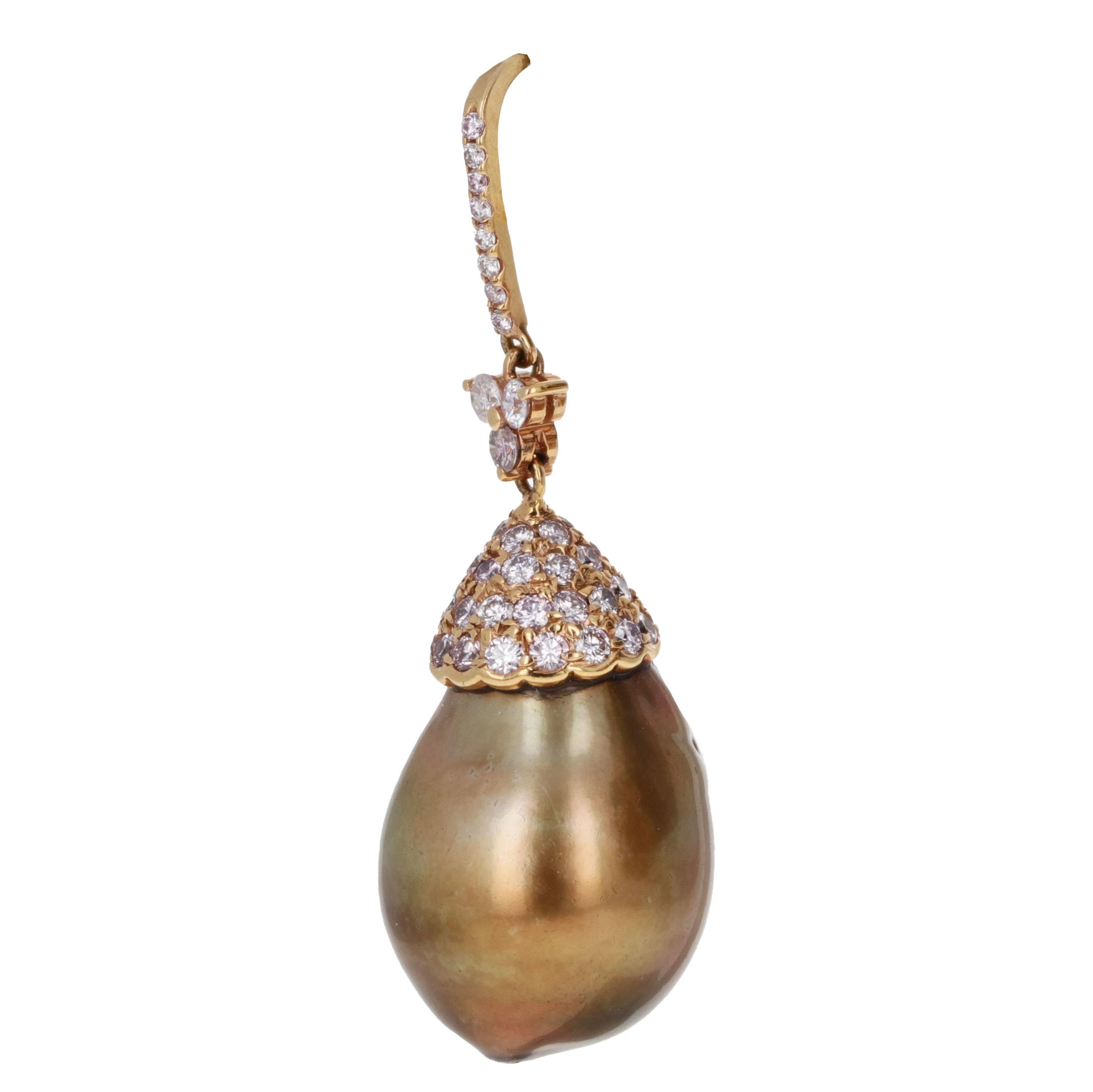 Golden Brown Pearl and Pink Diamond Dangle Earrings For Sale 3
