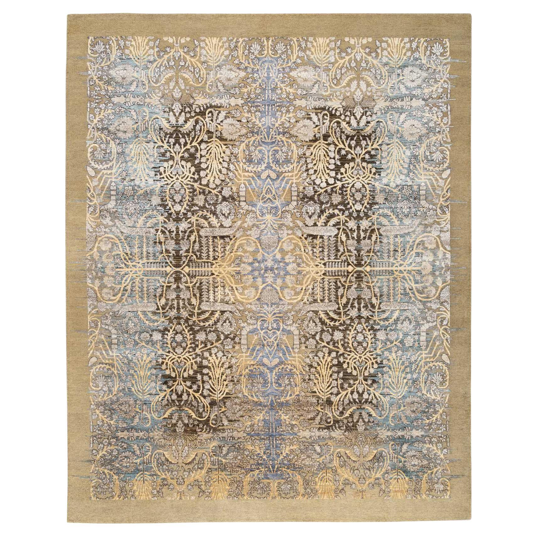 Tappeto orientale annodato a mano in seta marrone dorata con lana testurizzata 8'0" x 9'10" in vendita