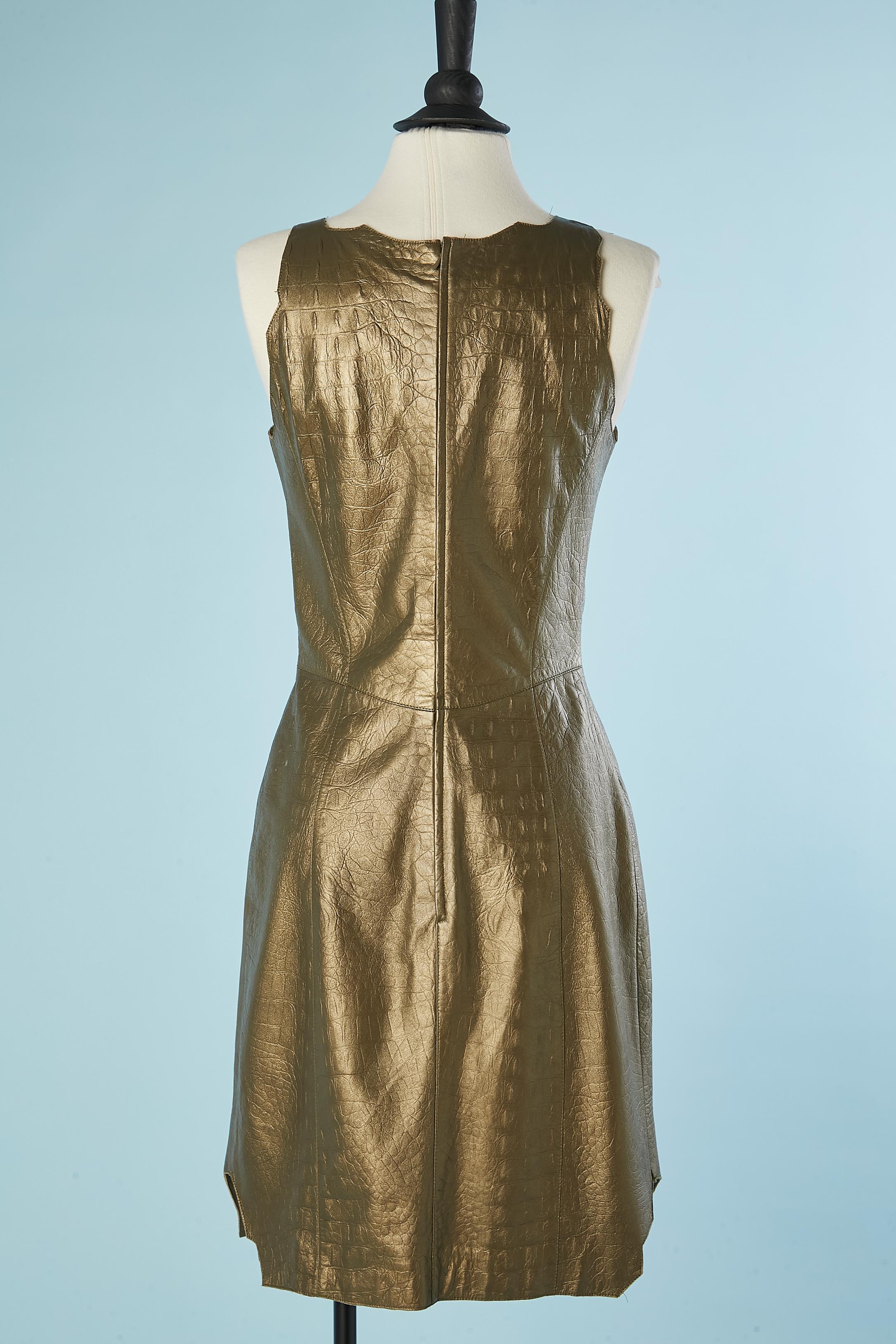 Women's Golden brown sleeveless leather dress with crocodile pattern emboldened Mugler  For Sale