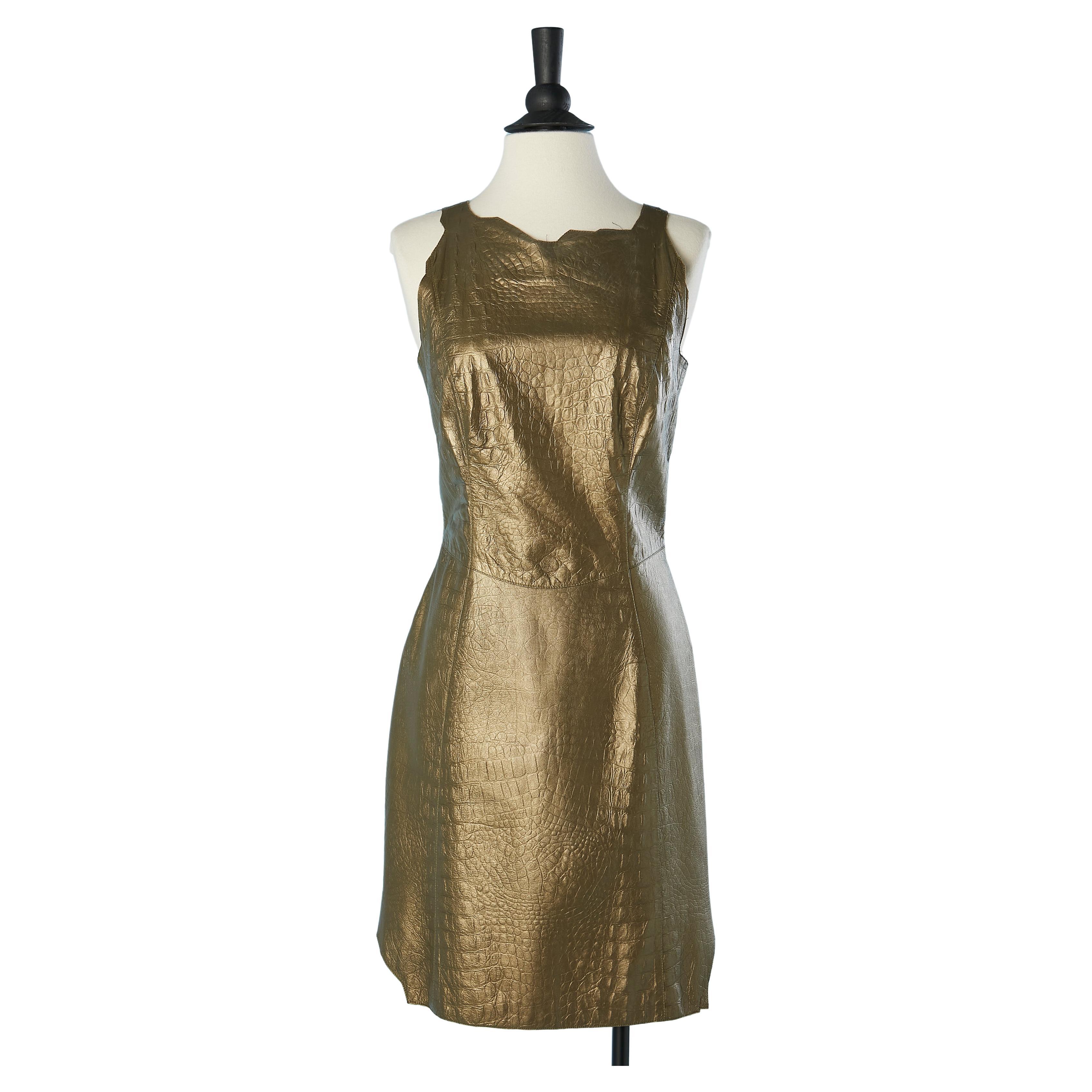 Golden brown sleeveless leather dress with crocodile pattern emboldened Mugler  For Sale