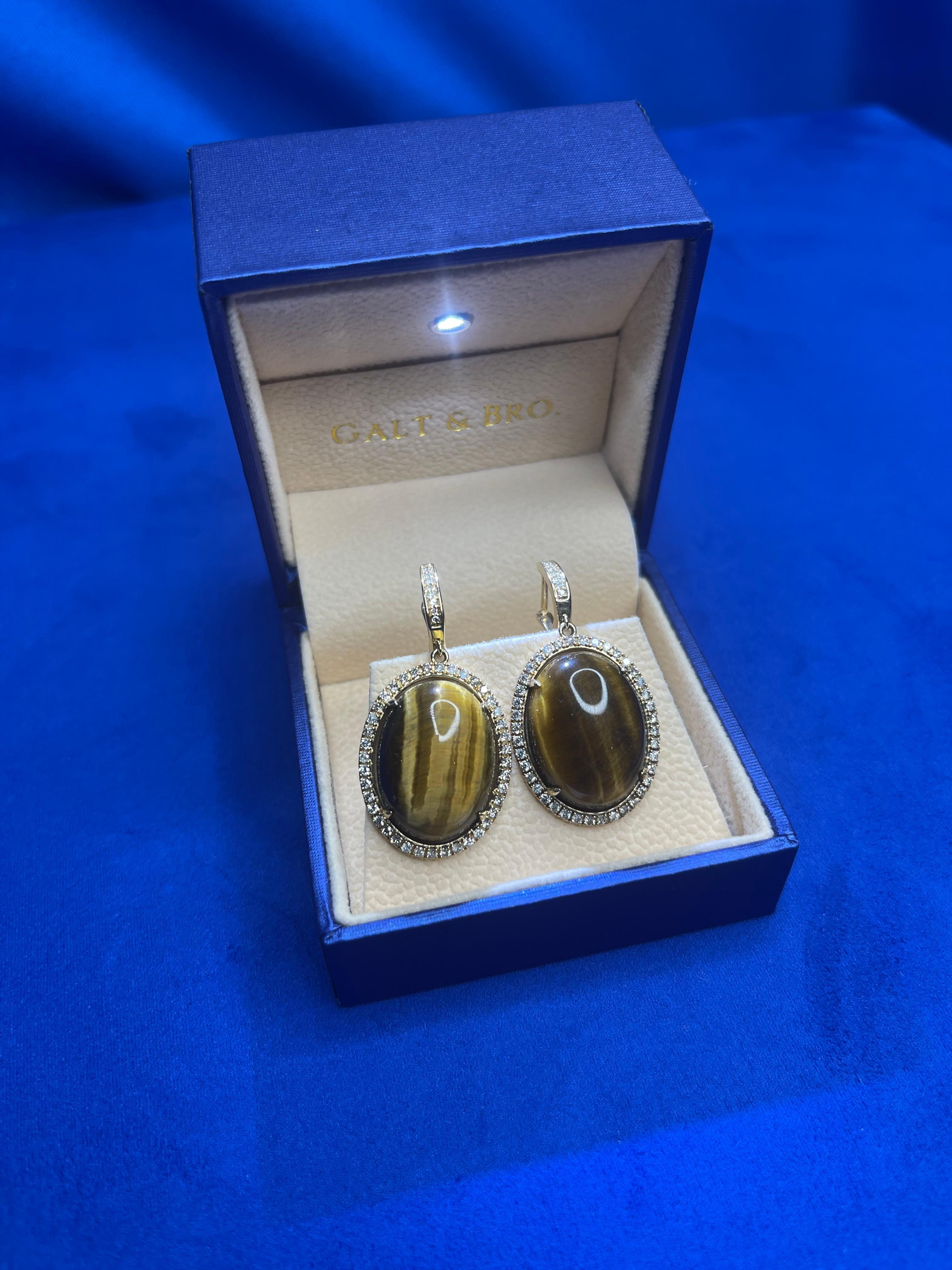 Cabochon Golden Brown Tigers Eye Halo Yellow Gold Huggie Halo Diamond Pave Drop Earrings For Sale