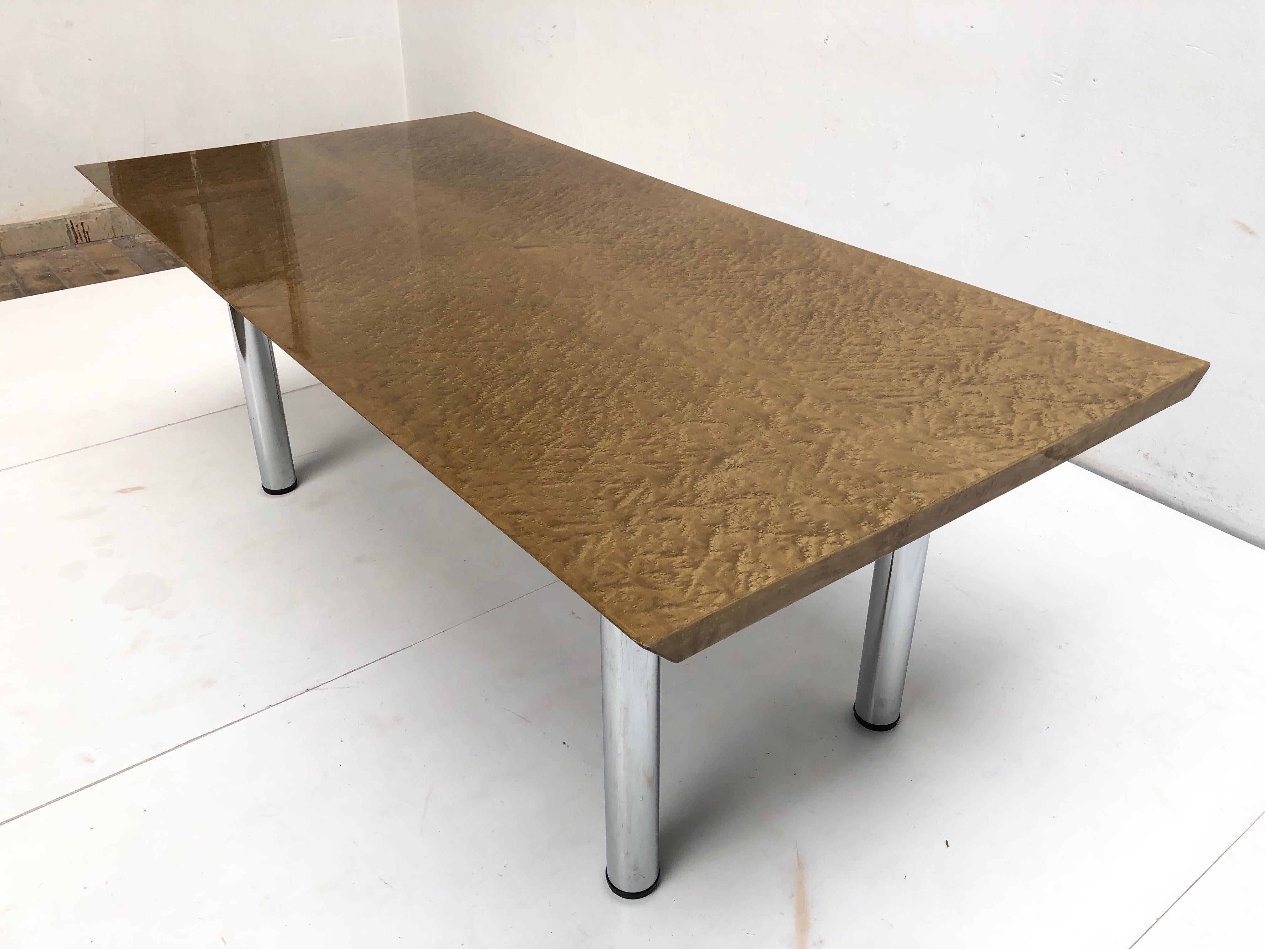 Chrome Golden Burlwood Dining table or Desk Giovanni Offredi for Saporiti, 1980s For Sale