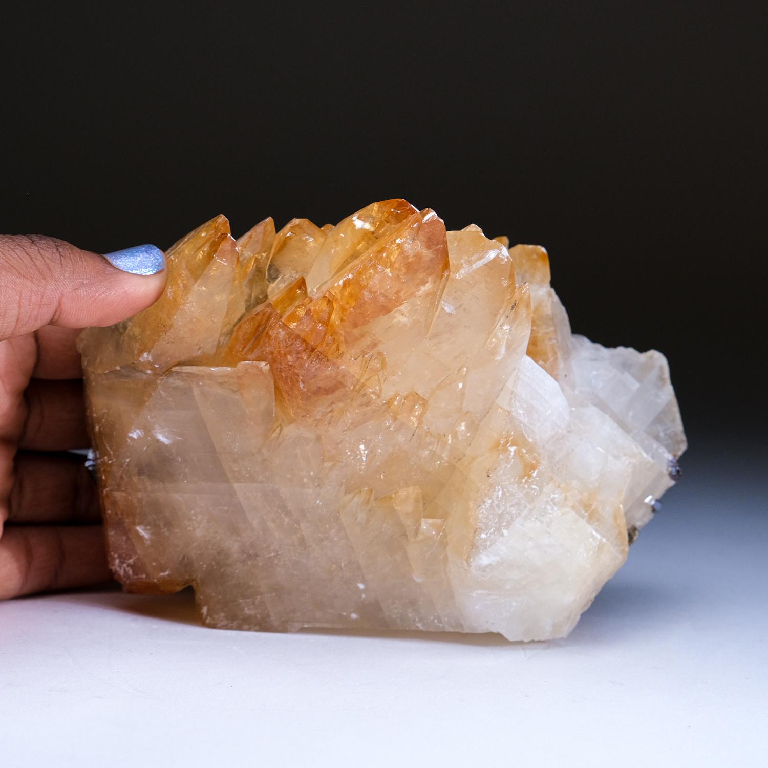 Großer, glänzender, transparenter, tiefgoldener Calcit in Museumsqualität mit einem kleinen Sphaleritkristall an der Basis des Kristalls. Doppelt endständige, auf der C-Achse verzwillingte Skalenoeder mit gut definierten einspringenden Flächen und