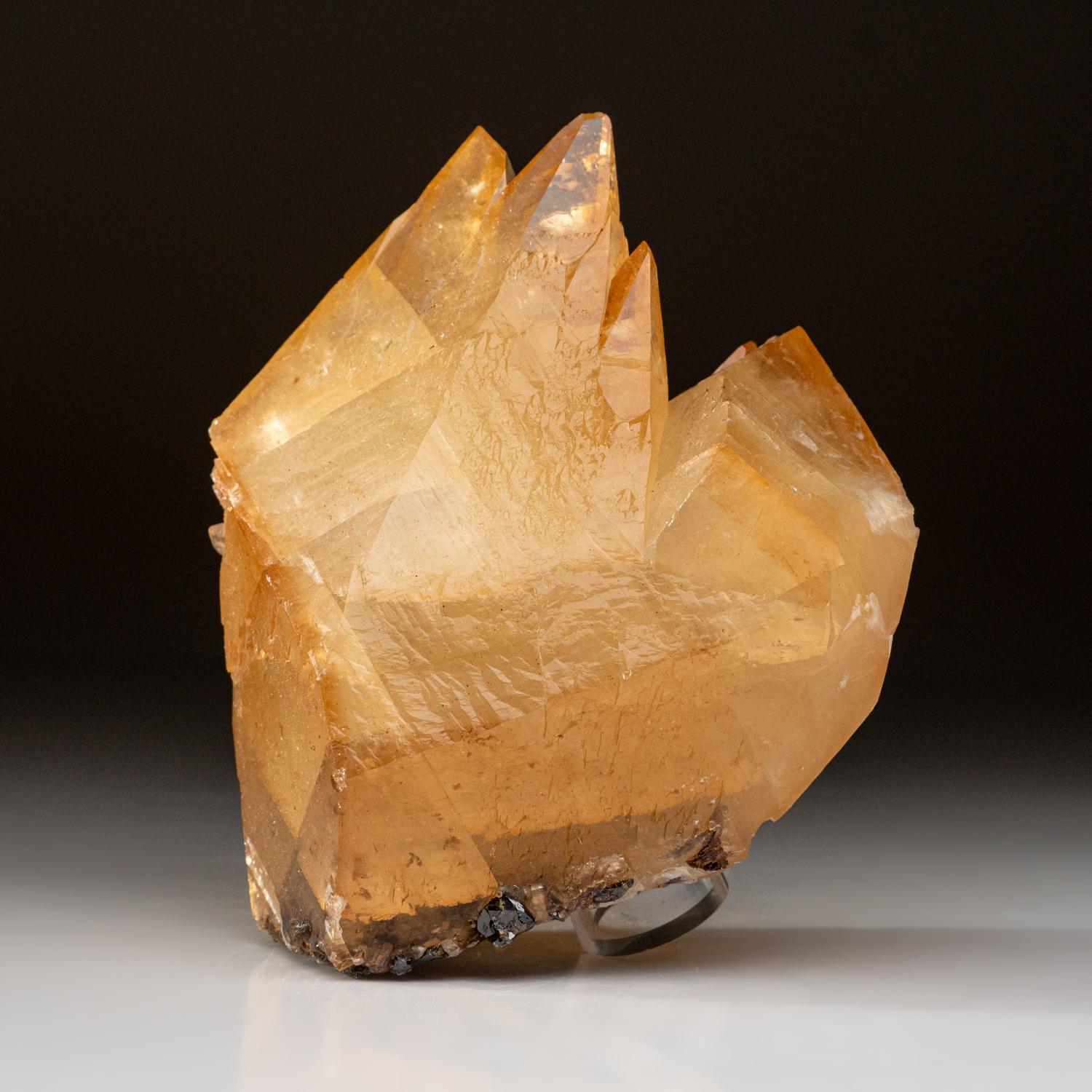Questo esemplare di calcite dorata proveniente dalla miniera di Elmwood, Carthage, Smith County, Tennessee, è uno splendido gemello scalenoedrico a doppia terminazione con facce rientranti e un piccolo cristallo di sfalerite incastonato nella parte