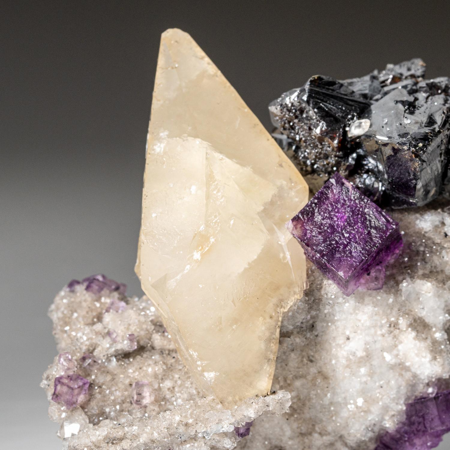 American Golden Calcite with Sphalerite and Fluorite Crystal from Elmwood Mine, Tennessee For Sale
