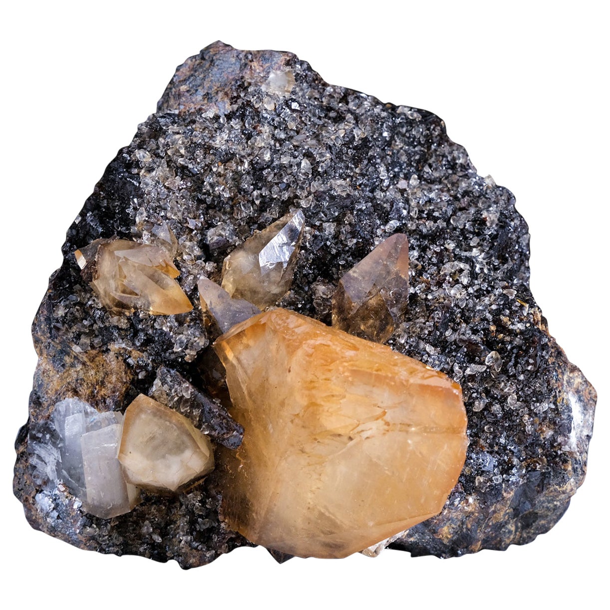 Goldenes Calcite mit Sphalerit-Kristall aus Ulmenholzminen, Tennessee (4 lbs) im Angebot