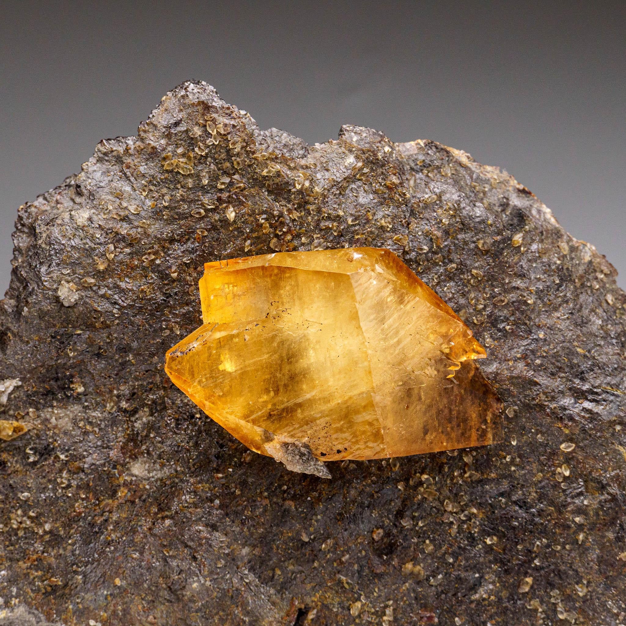 Goldenes Calcite mit Sphaleritkristall aus der Ulmenholz Mine, Tennessee im Zustand „Neu“ im Angebot in New York, NY