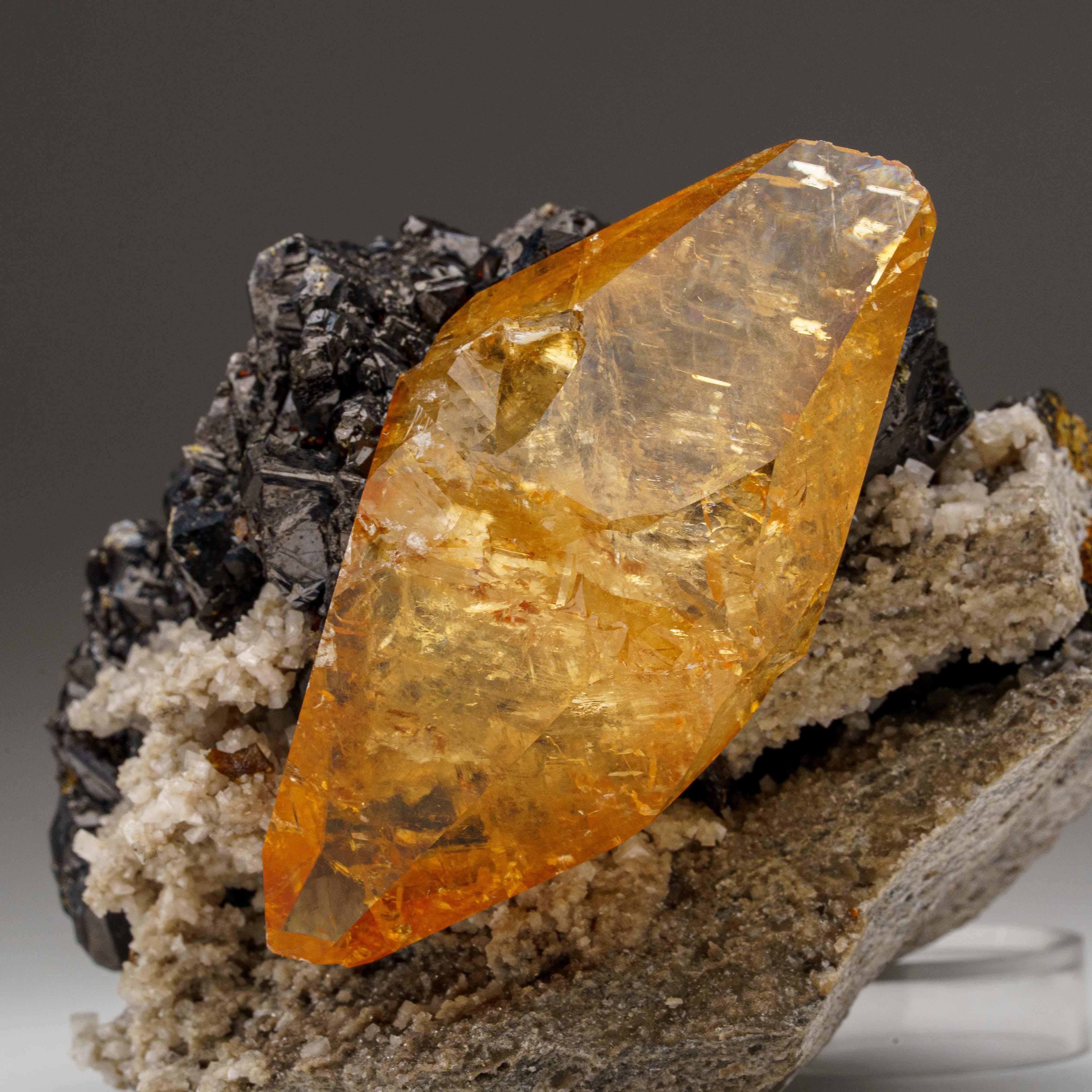 Goldenes Calcite mit Sphaleritkristall aus der Ulmenholz Mine, Tennessee im Angebot 1