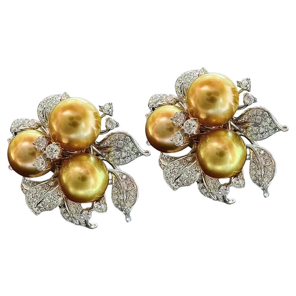 【Vine Symphony】Goldene Kamelie Aurora Südsee Perlen & Diamant Ohrringe im Angebot