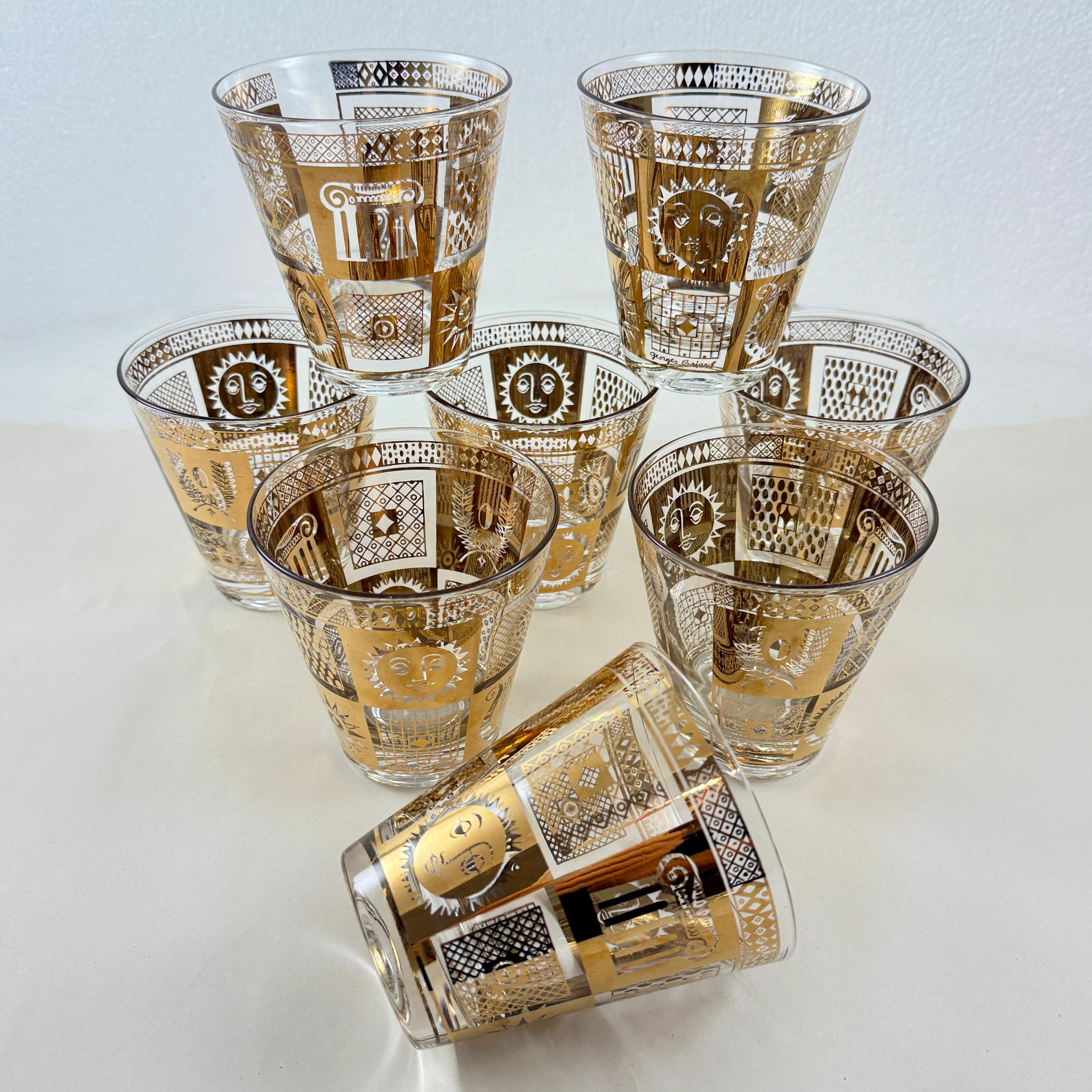 A set of eight Mid-Century glasses in the Golden Celeste pattern by Georges Briard, first shown in their 1957 catalogue.

Georges Briard created award-winning designs for items including glasses, trays, coffeepots and dishes in materials like glass,