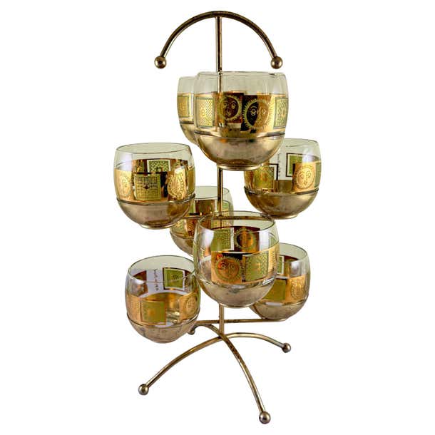Golden Celeste Roly Poly Glasses in Stand, Briard, S/9 For Sale at 1stDibs