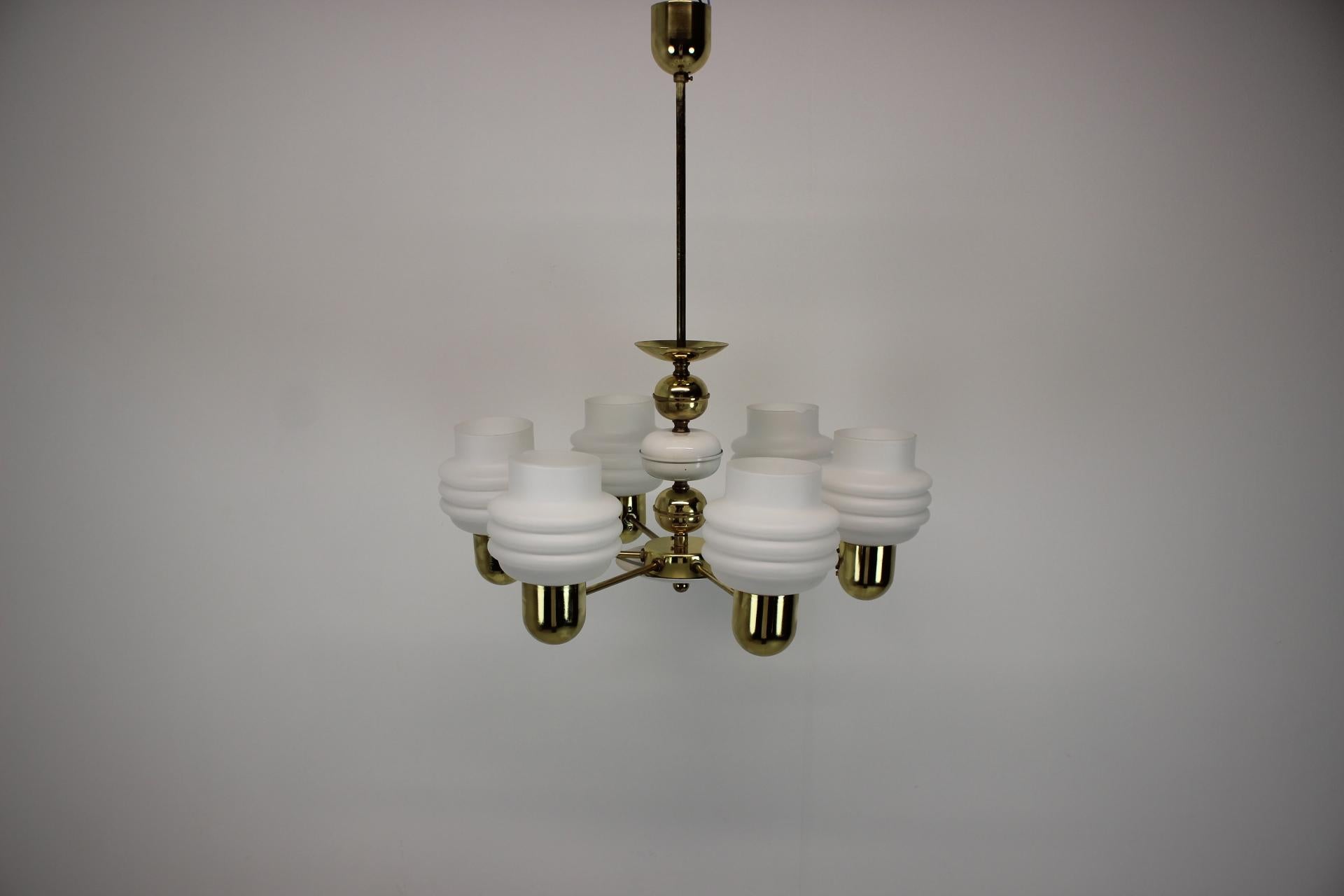Metal Golden Chandelier by Kamenicky Senov, 1970s, Czechoslovakia For Sale