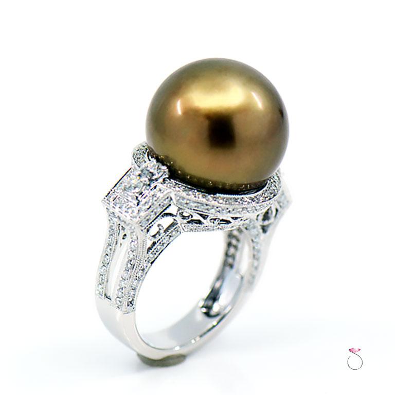 Goldener Schokoladenperlen- und Diamant-Halo-Ring, 18 Karat (Art déco)