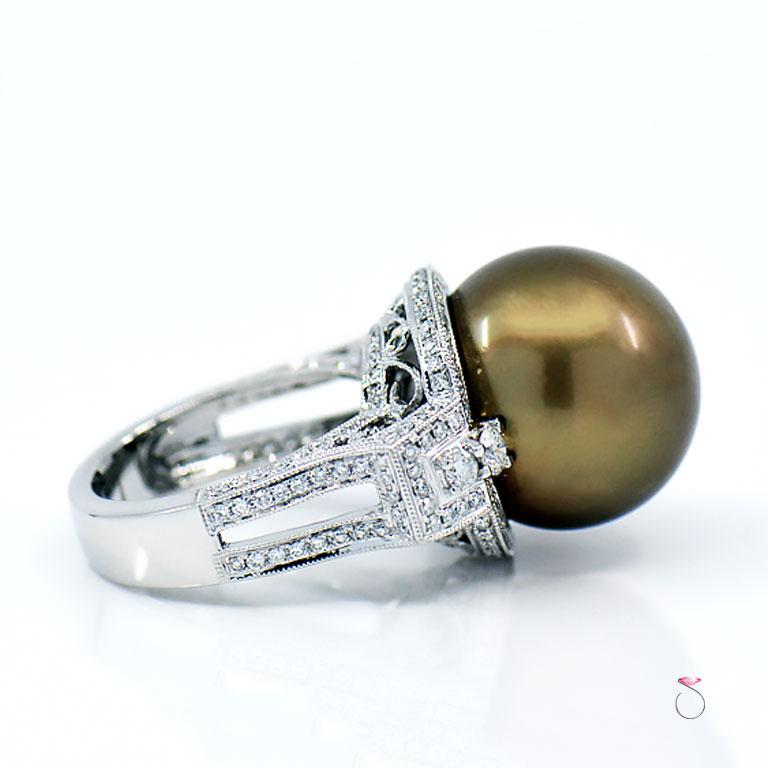 Art Deco Golden Chocolate Pearl and Diamond Halo Ring, 18 Karat
