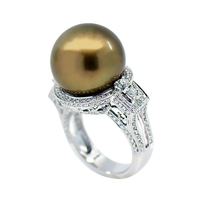 Golden Chocolate Pearl and Diamond Halo Ring, 18 Karat