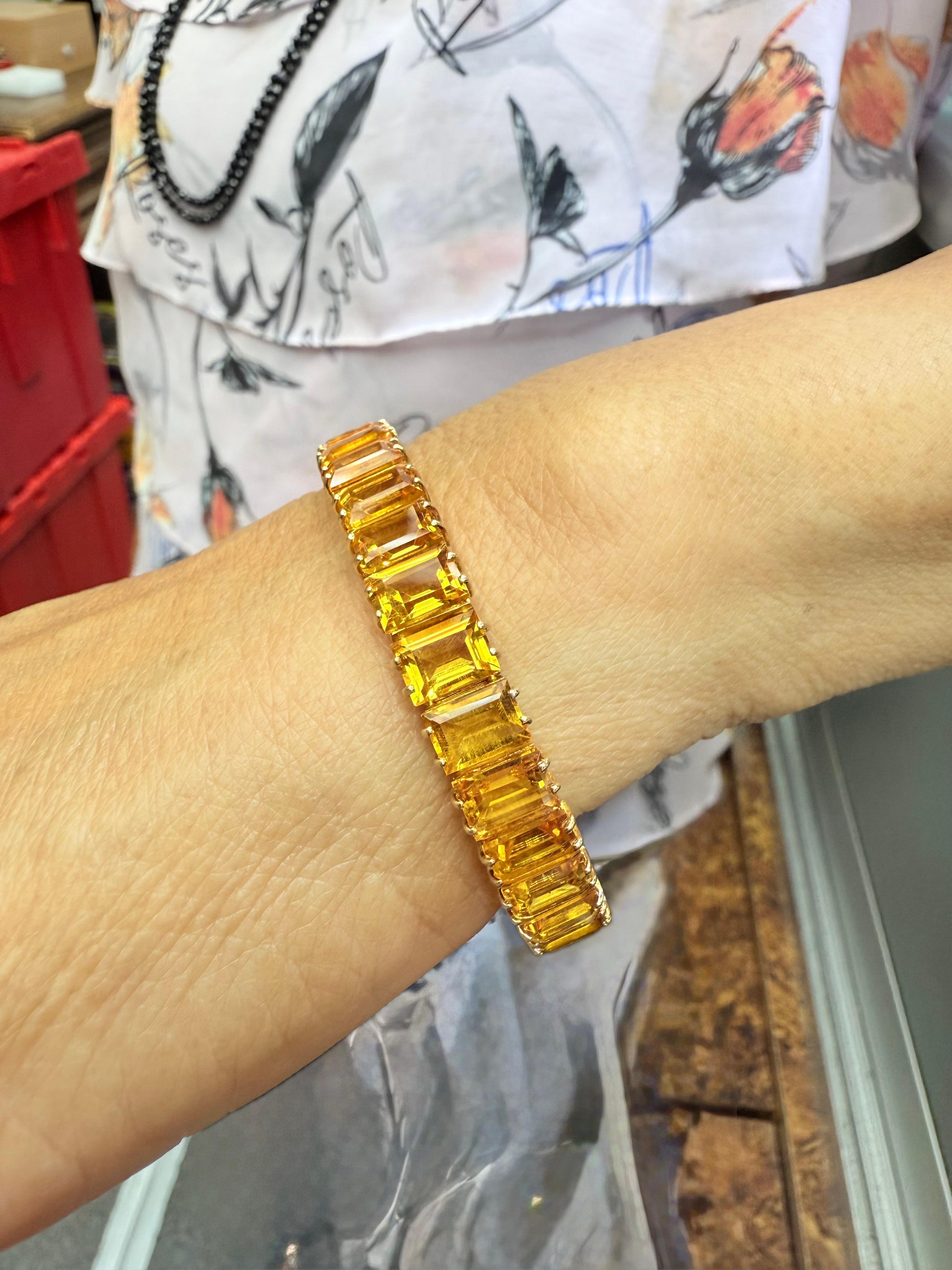 Pulsera Línea Citrino Dorado Oro Amarillo 14k Circa 1990s Corte esmeralda en venta
