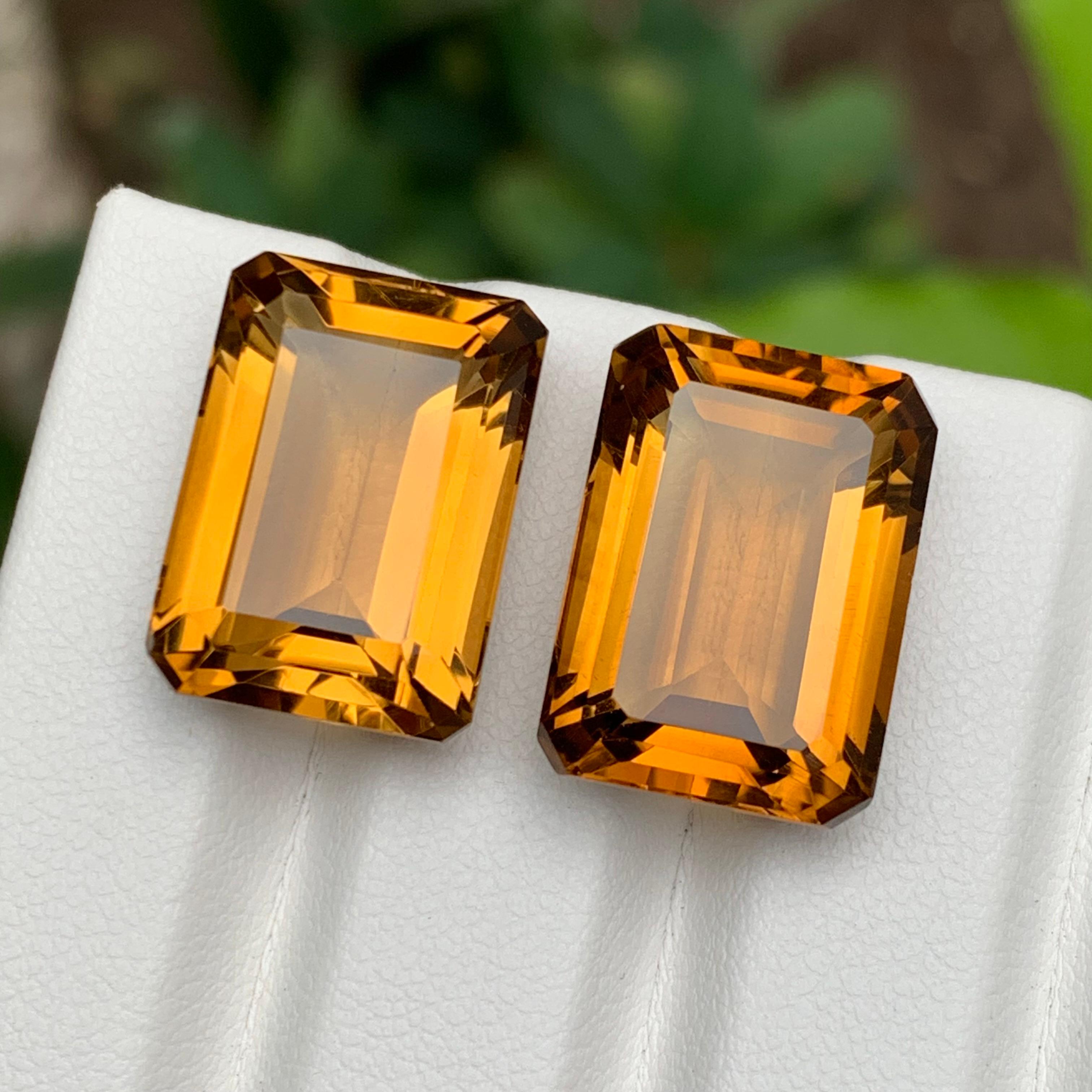 Women's or Men's Golden Citrine Natural Gemstone Pair 32.60 Ct Emerald Cut for Earrings Jewelry For Sale