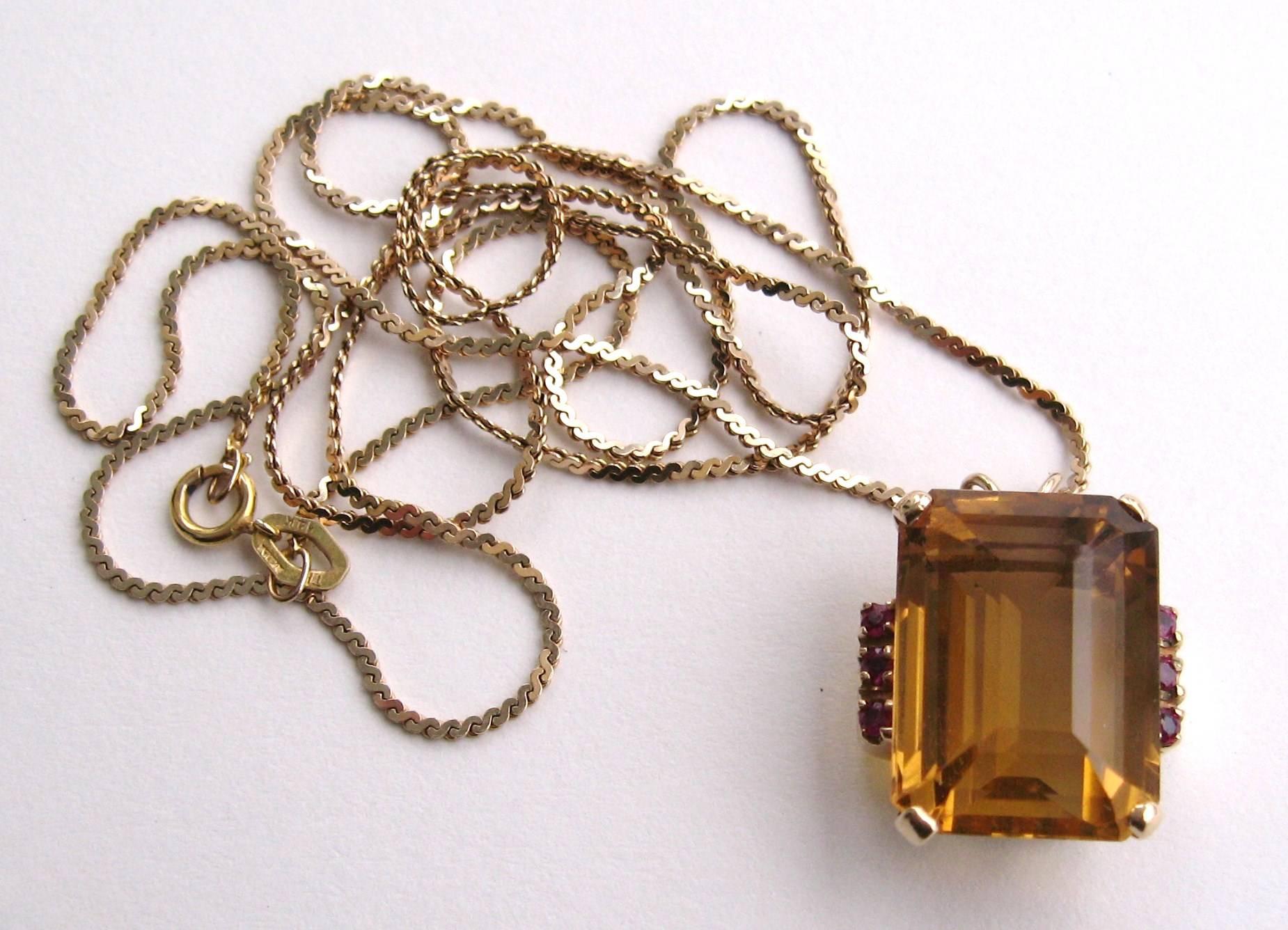 Emerald Cut Golden Citrine Ruby Gold Pendant Necklace For Sale
