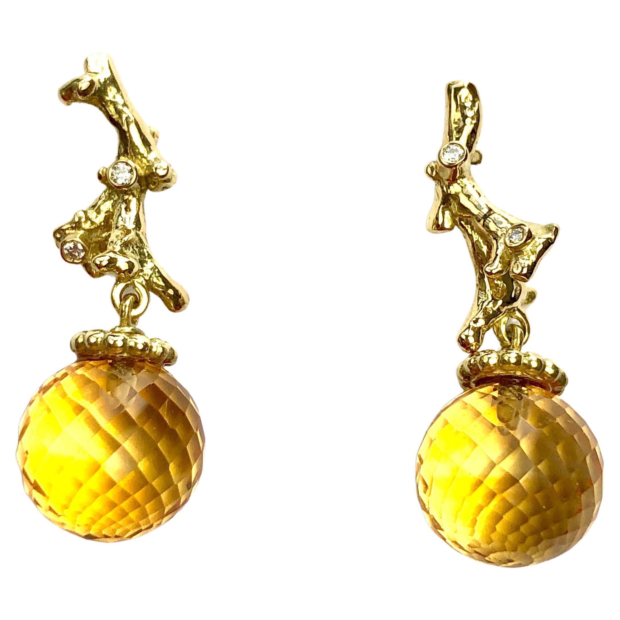 Golden Citrine & Yellow Gold Diamond Earrings For Sale