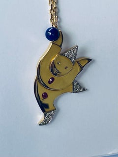 Golden Clown Pendant, Handmade, with Diamonds, Ruby and Lapis Lazuli with Chain