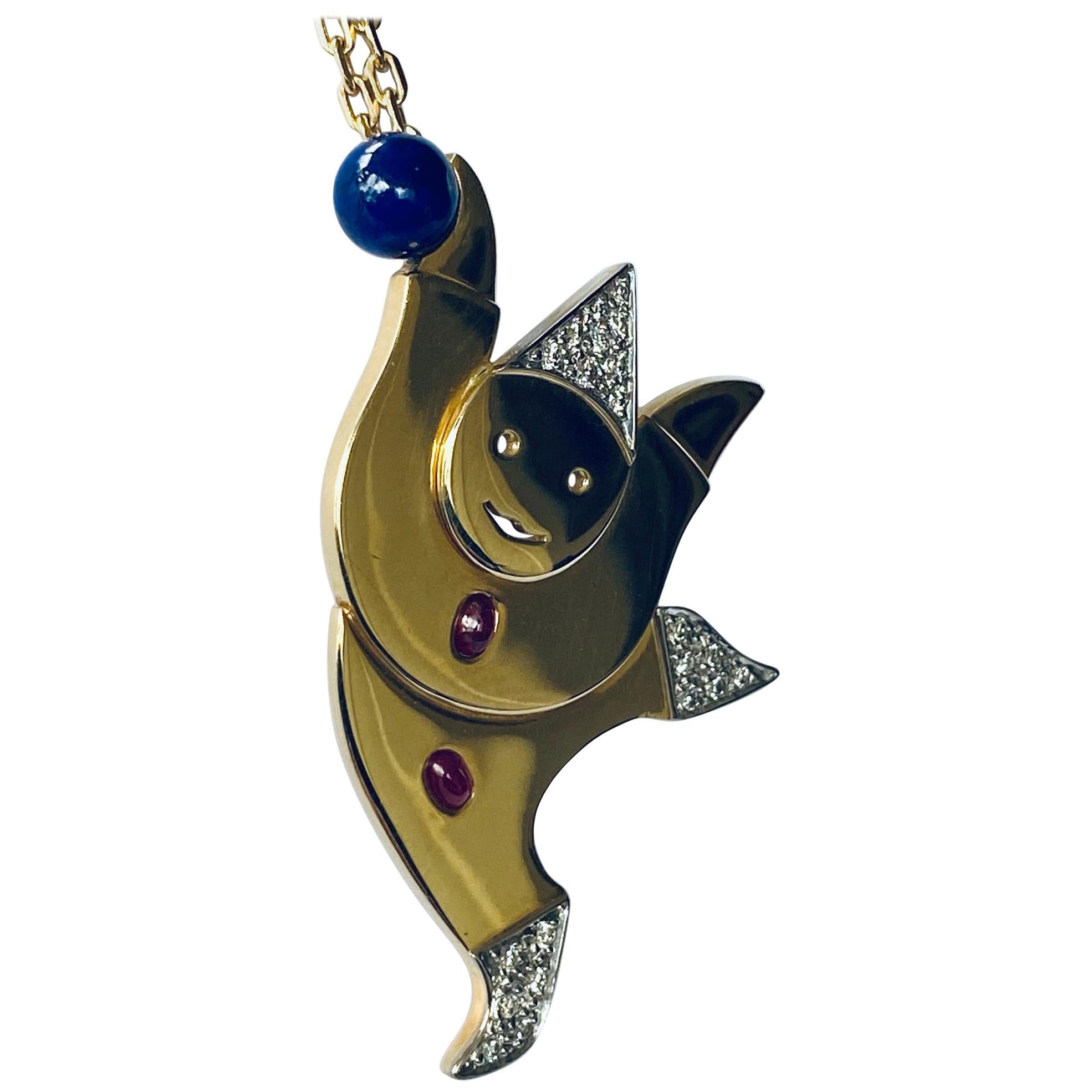Golden Clown Pendant, Handmade, with Diamonds, Ruby and Lapis Lazuli with Chain
