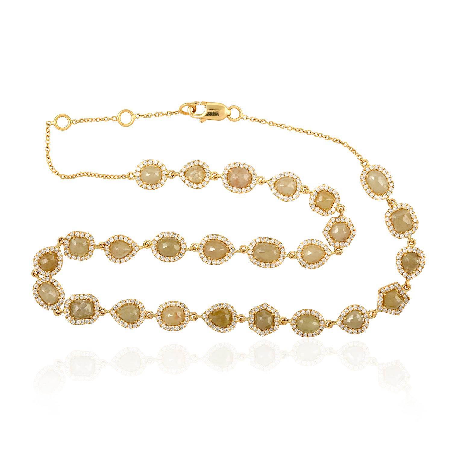 This classy looking Golden Color Ice Diamond choker Necklace in 18K Yellow Gold is 18inch long and can be layered or word alone to make amazing statement. 

Closure: Lobster Clasp with 2 jumprings to adjust the size

Gold: 18KT:10.741gms
Diamond: