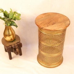 Golden color Metal Stool cum side table with wooden top