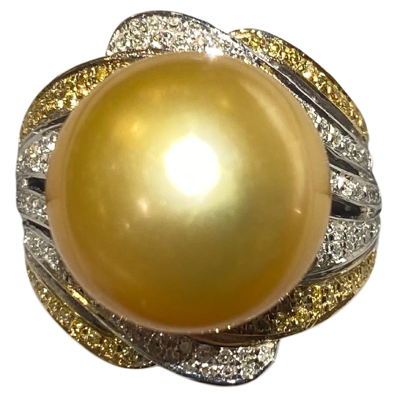 Golden Colour South Sea Pearl and Diamond Ring in 18k White Gold For Sale